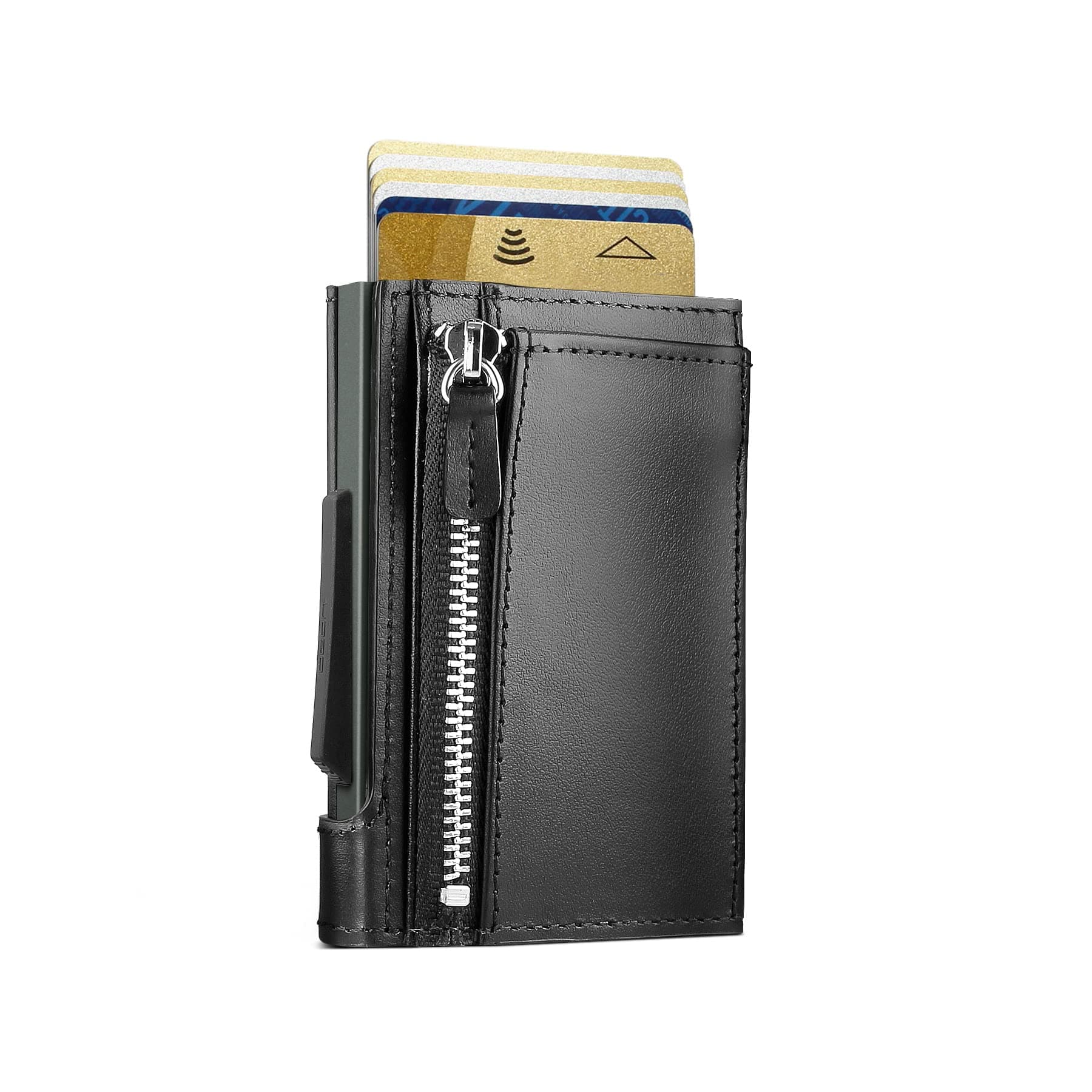 ÖGON Smart WalletsCascade Zipper Snap Wallet - Pop-Up RFID Blocking Bifold Card Wallet - Leather & Anodised Aluminium (Black Leather/Platinium Aluminium)