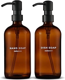 MaisoNovo Hand and Dish Soap Dispenser Kitchen Set - 500 ml Amber Glass Soap Dispenser Bottle with Pump Black x 2, Waterproof Labels