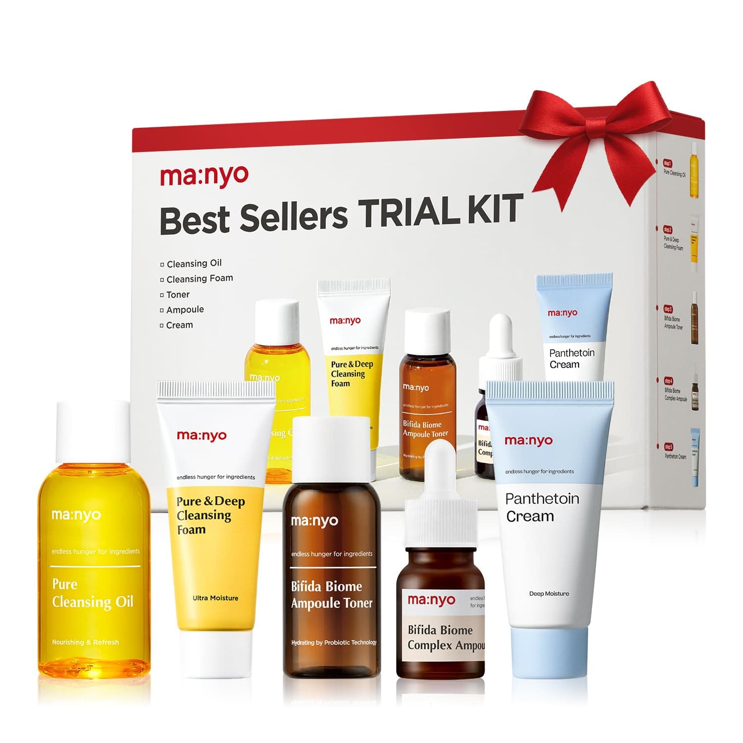 MA:NYO Best Sellers Kit | Travel size Trial & Gift Set | Pure Cleansing Oil, Pure Cleansing Foam, Bifida Biome Ampoule, Bifida Biome Toner, Panthetoin Cream | Korean Skin Care, Skin Repair Solution