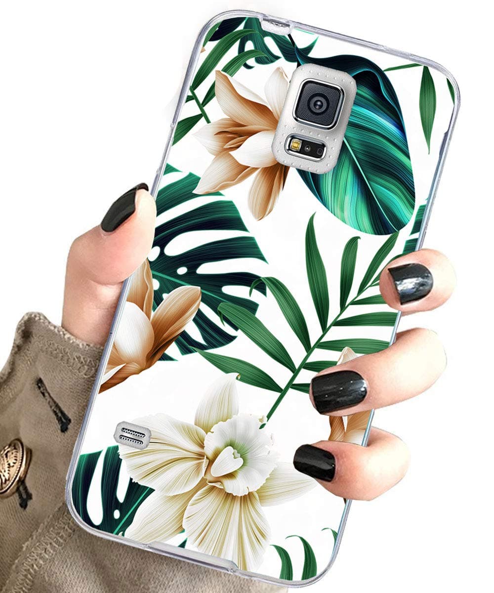 J.west Galaxy S5 Case for Girls Women, Floral Green Leaves with White & Brown Flowers Pattern Design Slim TPU Soft Silicone Phone Cover Shockproof Protective Case for Samsung Galaxy S5 S V I9600