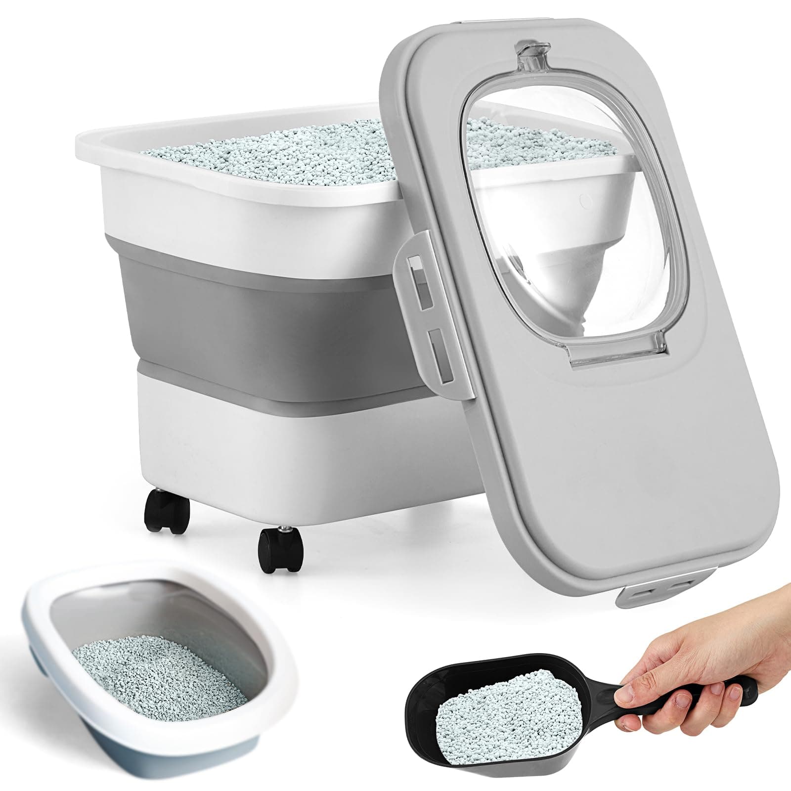 Juexica Collapsible Cat Litter Storage Bin Container with Airtight Lids, Portable Cat Litter Storage Container with Wheels, Kitchen Cereal Rice Leakproof Sealable