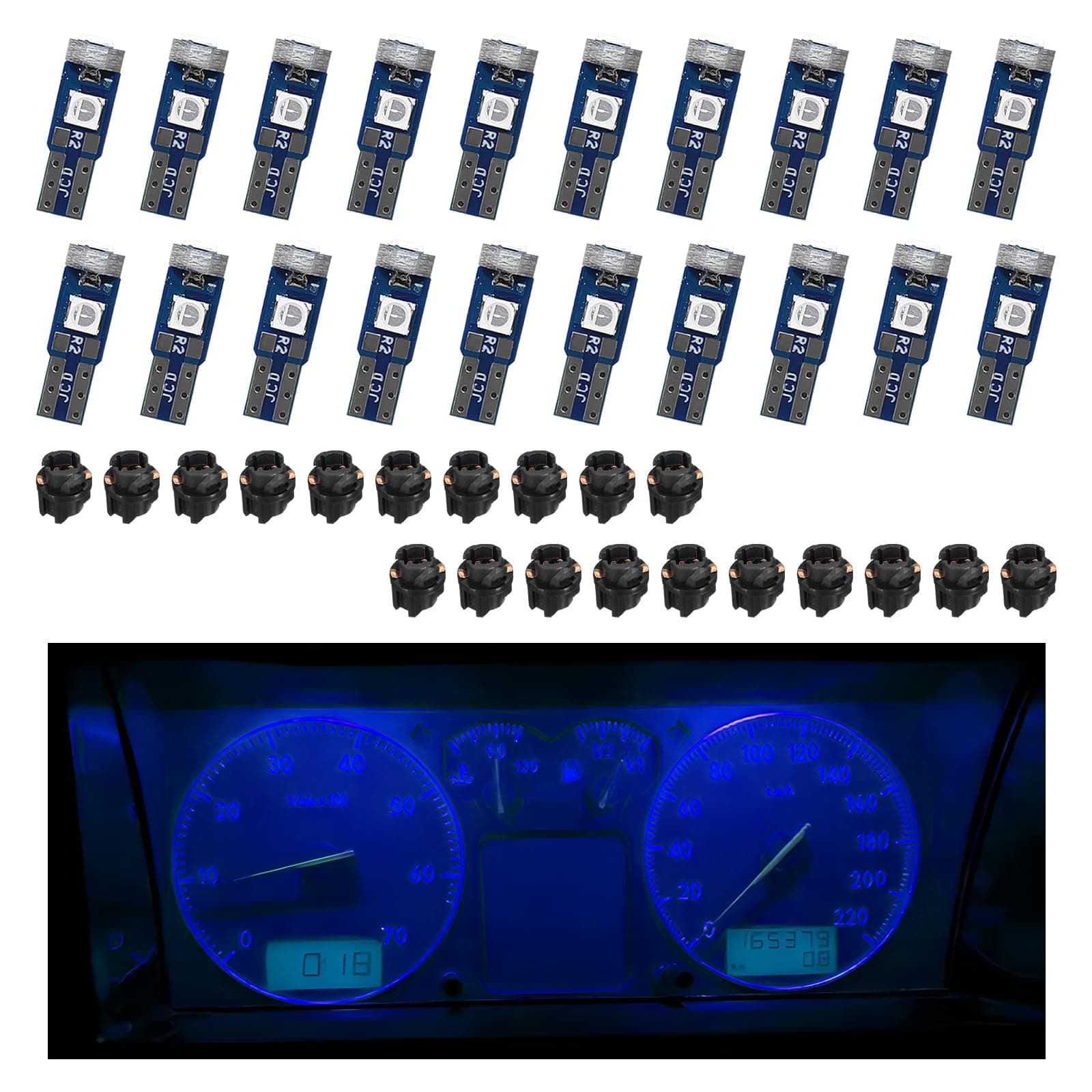 20PCS T5 LED Lights for Car Dashboard, Super Bright 3030-3SMD Auto Bulb with Twist Lock Socket, Interior Instrument Panel Gauge Indicator Replacement, Car Accessories (Blue)