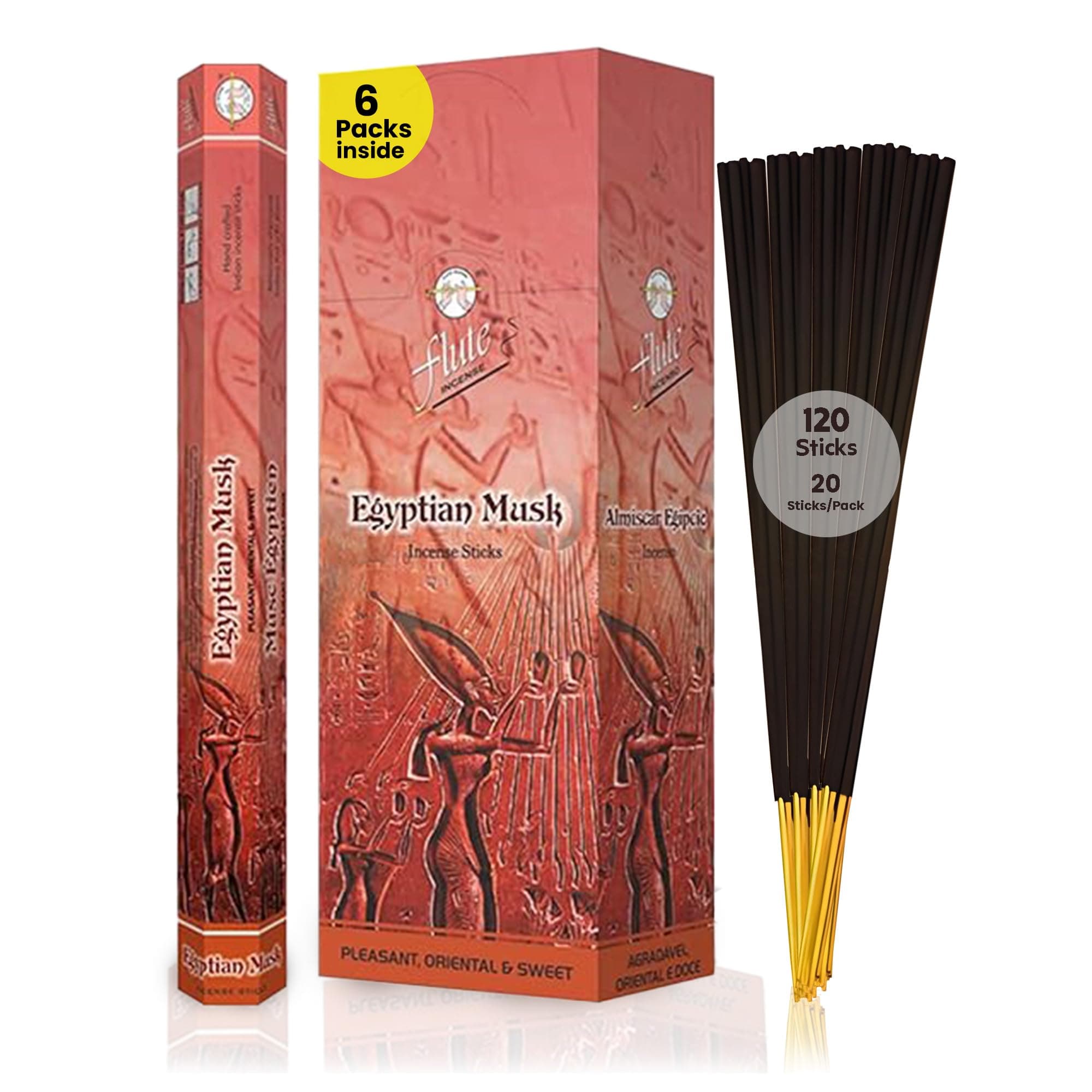 Flute Egyptian Musk Incense Sticks – Ancient Egyptian Aroma for Relaxation, Rejuvenation & Stress Relief – 20 Sticks/Pack, 6 Packs/Box (9 Inch - 120 Sticks) | 40 Minutes Burning Time