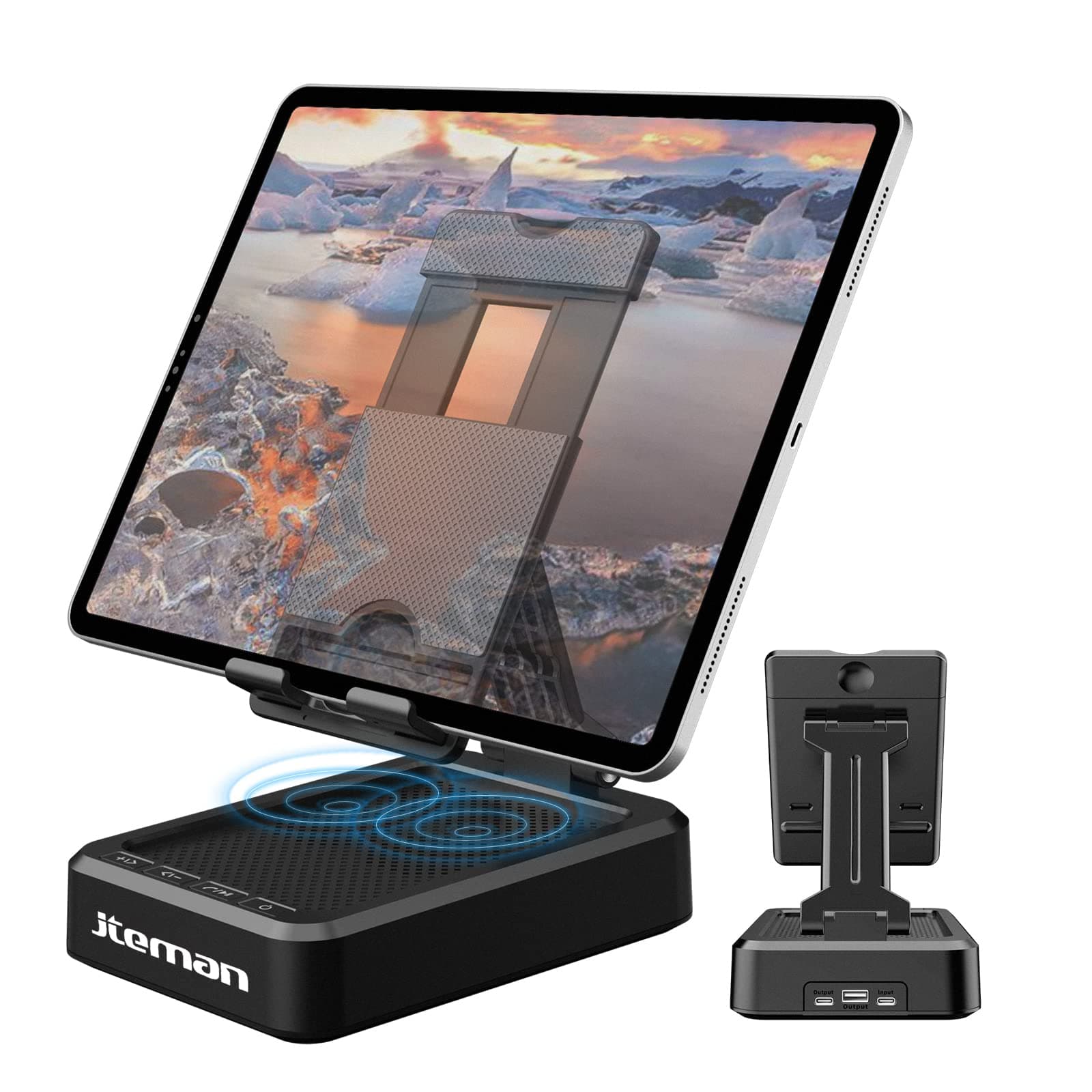 Tablet Stand Adjustable with Bluetooth Speakers,Kitchen Gadgets,Gifts for Women Men,Wireless Bluetooth Speaker Tablet Holder,Desk Mic Charging Sation Compatible with Phones and Tablet