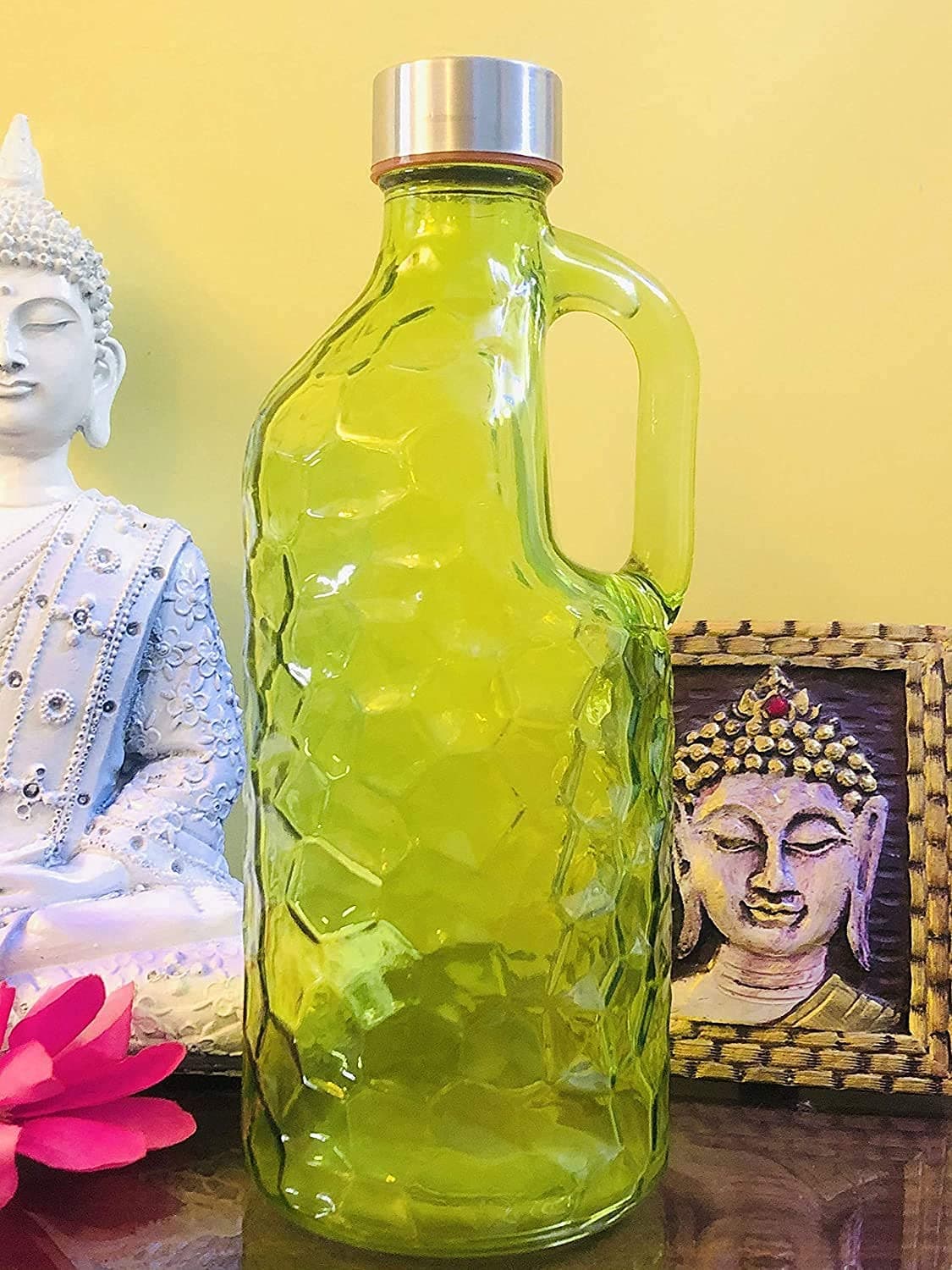 Saanveria Designer Glass Water Bottle for Fridge with Handle/Milk Bottle/Juice Bottle Colorful 1000 ml Airtight Lid(1 Piece Green)