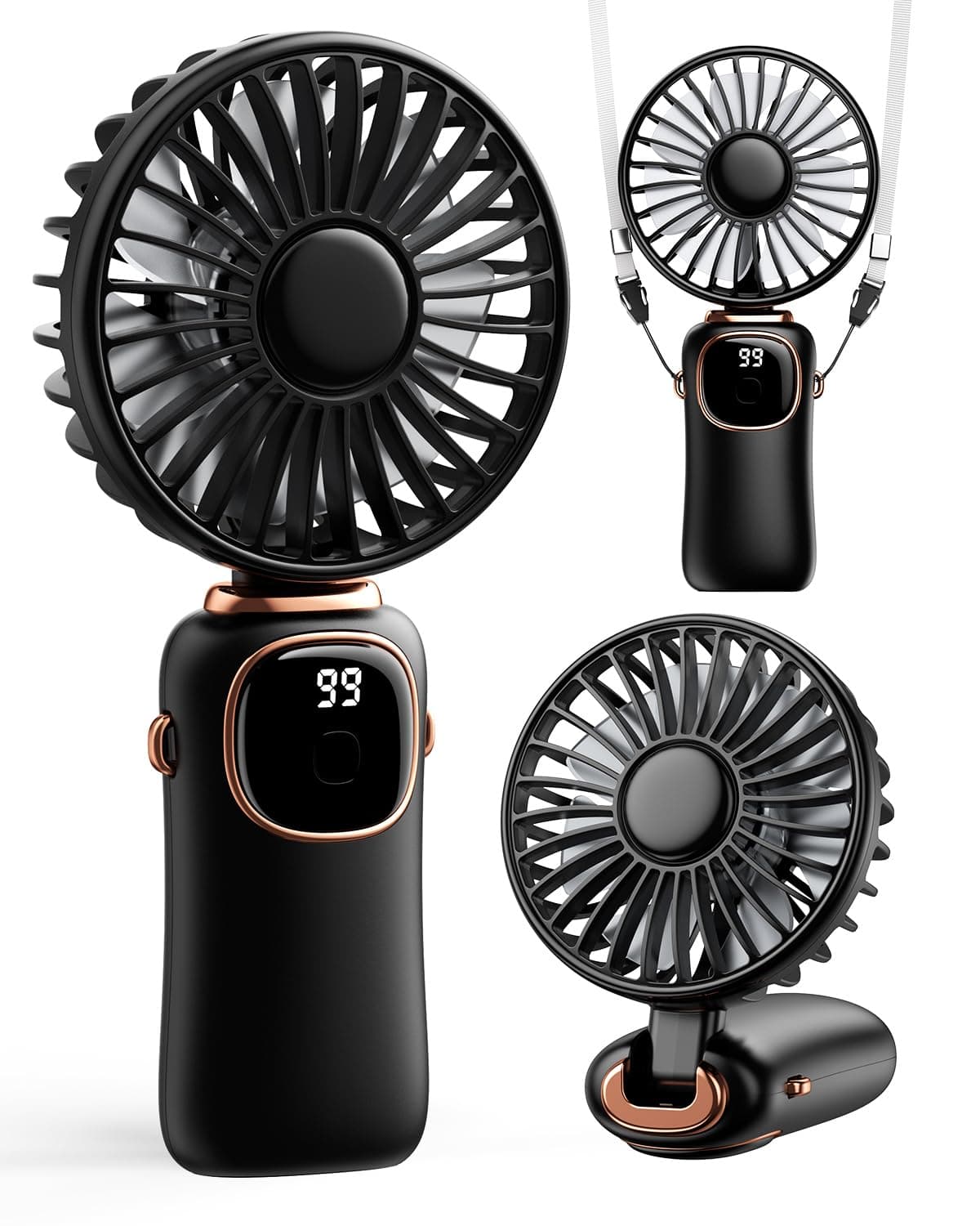 Portable Handheld Fan, 4000mAh Battery Operated 3 in 1 Multifunction Personal Travel Fans with Digital Display, 90° Foldable Desk Fan with Base, 5 Speed Lash Fan for Makeup/Office (Black)