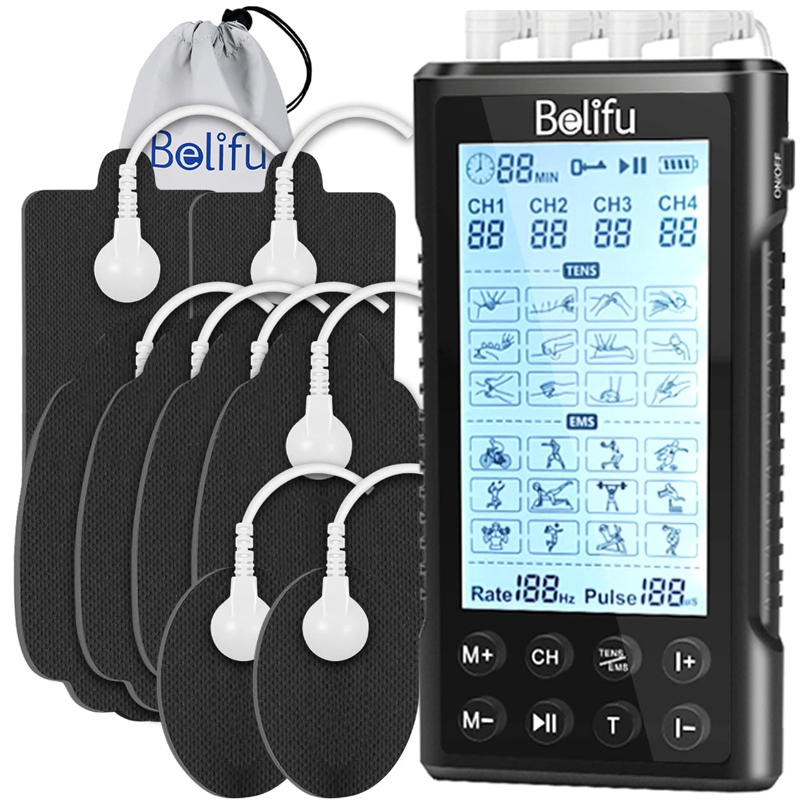 4 Channel Tens Unit Electro Muscle Stimulator, Fully Isolated with Independent 24 Modes, Rechargeable Pulse Massager with Electrodes Pads for Neck Back Arms Chronic Pain Relief Body Building