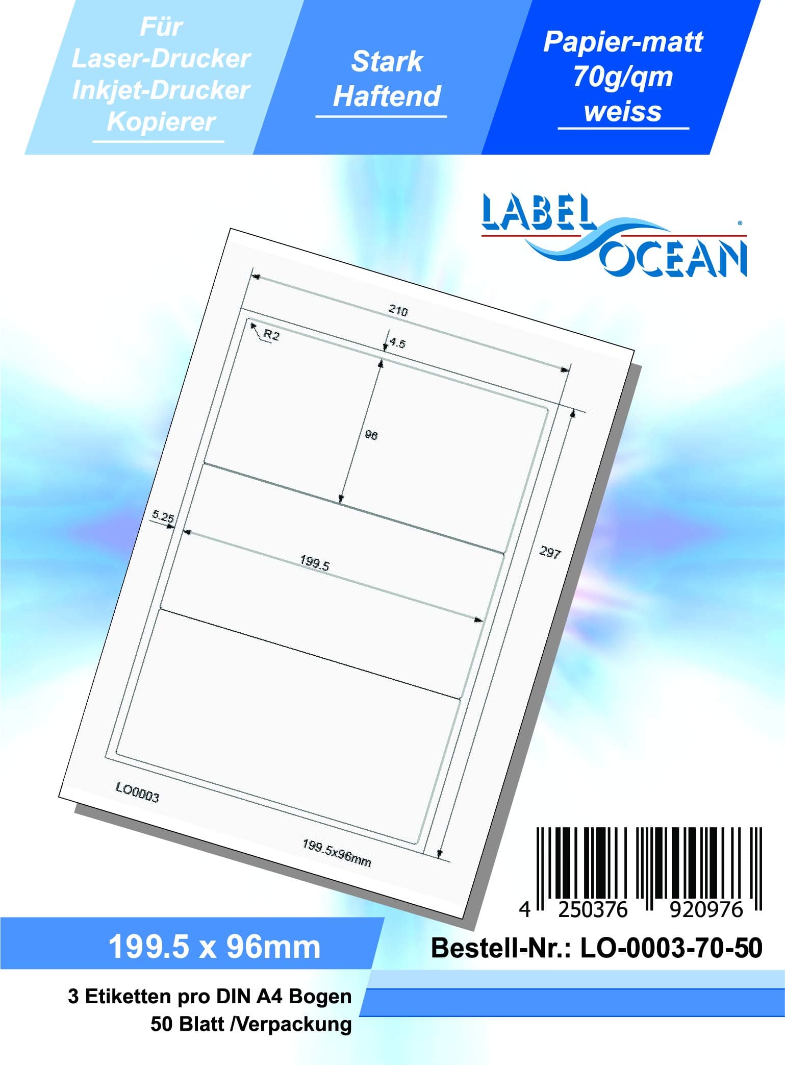LabelOcean LO-0003-70-50 Universal Labels 50 Sheets 70 g/m² High-Quality Paper