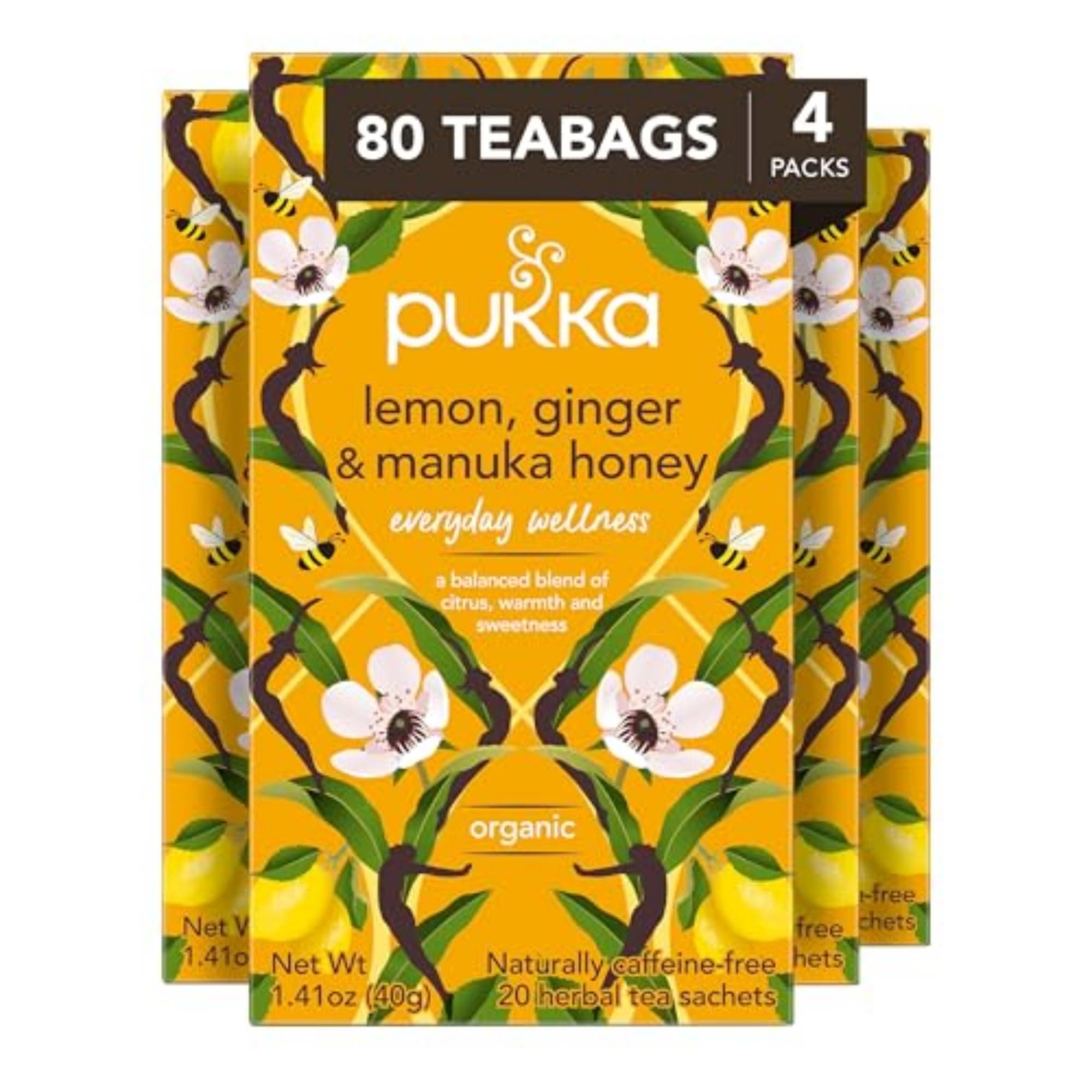 Organic Lemon, Ginger & Manuka Honey Herbal Tea, Immune Boosting Organic Tea Infusion Selection, With Turmeric, Ideal For Daily Support, Caffeine Free, 80 Total Bags (20ct - Pack of 4)