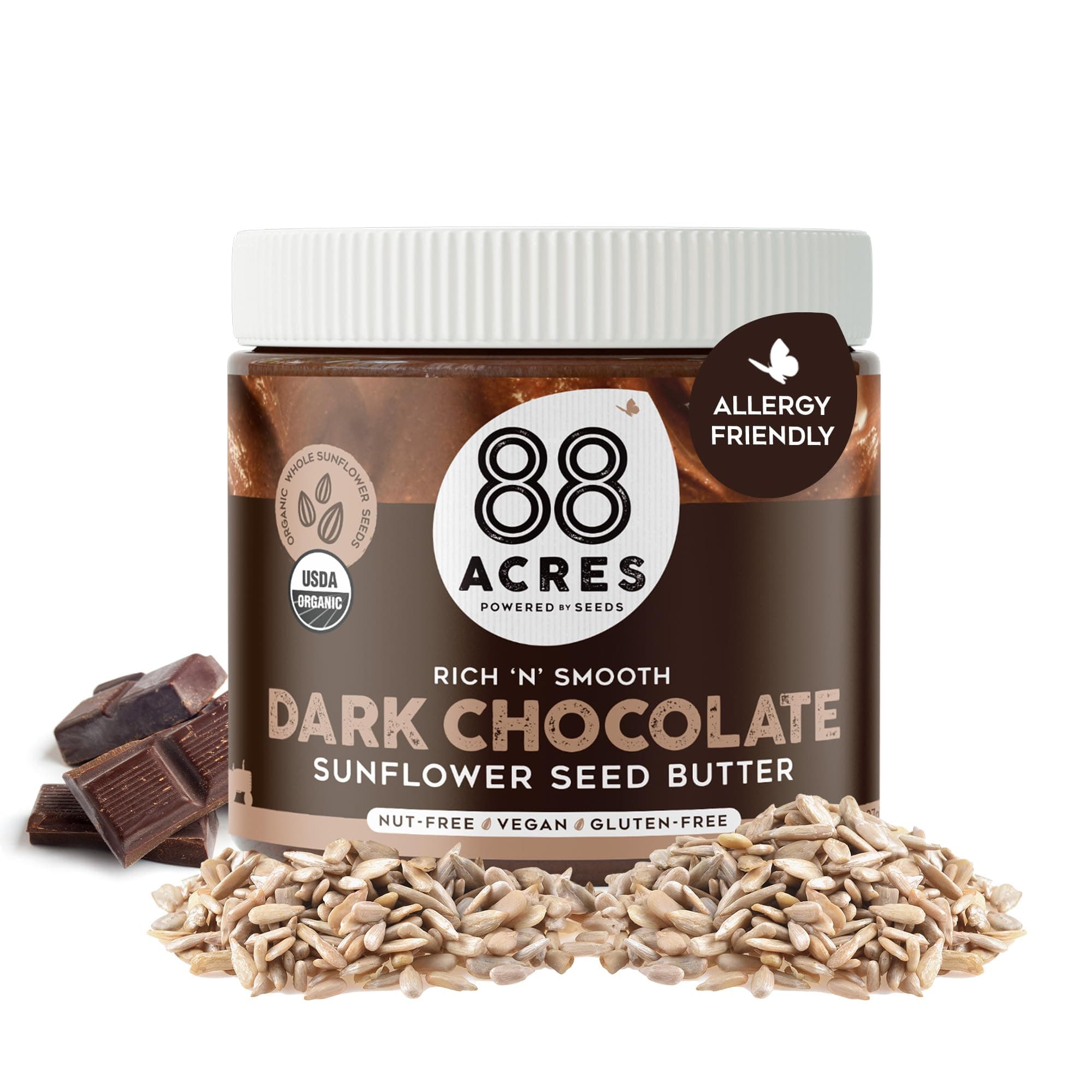 88 Acres Organic Sunflower Seed Butter, Dark Chocolate, 14 oz Jar, 2 Pack, Butter Spread with 5g Plant-Based Protein, Gluten Free, Nut Free, Vegan, Non-GMO