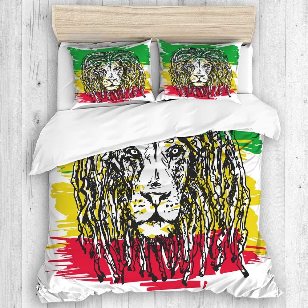 DAHALLAR bedding-Duvet Cover Set,depicting a lion with Rastafarian subculture and Jamaica Flag,Microfibre 260x220 with 2 Pillowcase 50x80,Super King