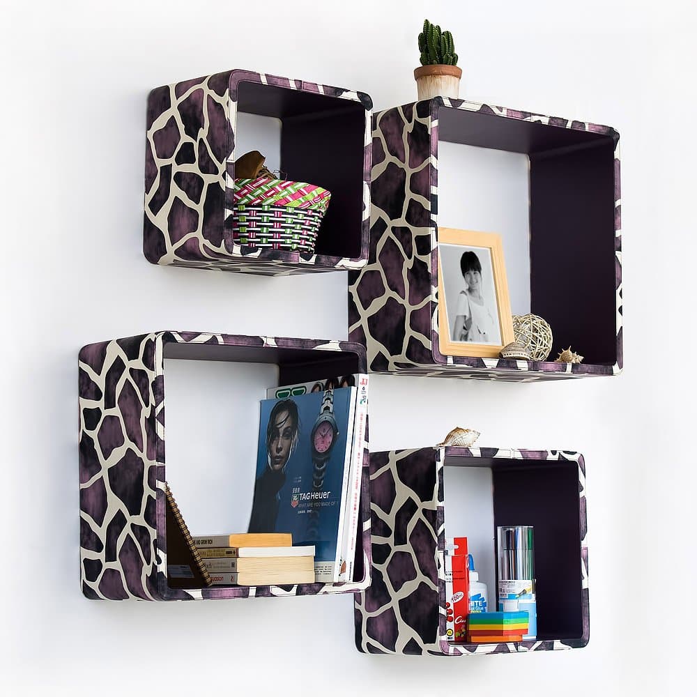 Trista - [Purple Giraffe] Square Leather Wall Shelf / Bookshelf / Floating Shelf (Set of 4)