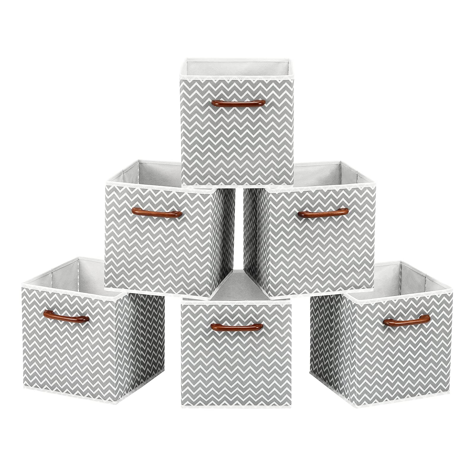 MaidMAX Cloth Storage Bins Cubes Baskets Containers with Wooden Handle for Home Closet Bedroom Drawers Organizers, Foldable, Gray Chevron, Set of 6