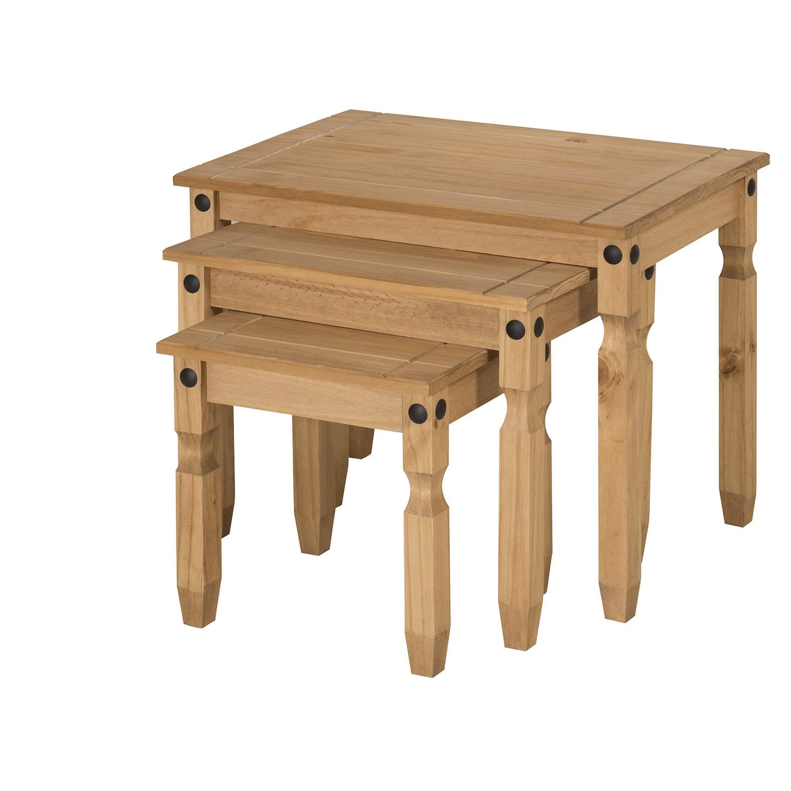 Mercers Furniture LARGE Corona Nest Of 3 Tables Solid Pine Wood Mexican Wooden Side End Lamp Table Living Room Lounge Dining Room Conservatory 66cm Wide 44cm Deep 54cm High
