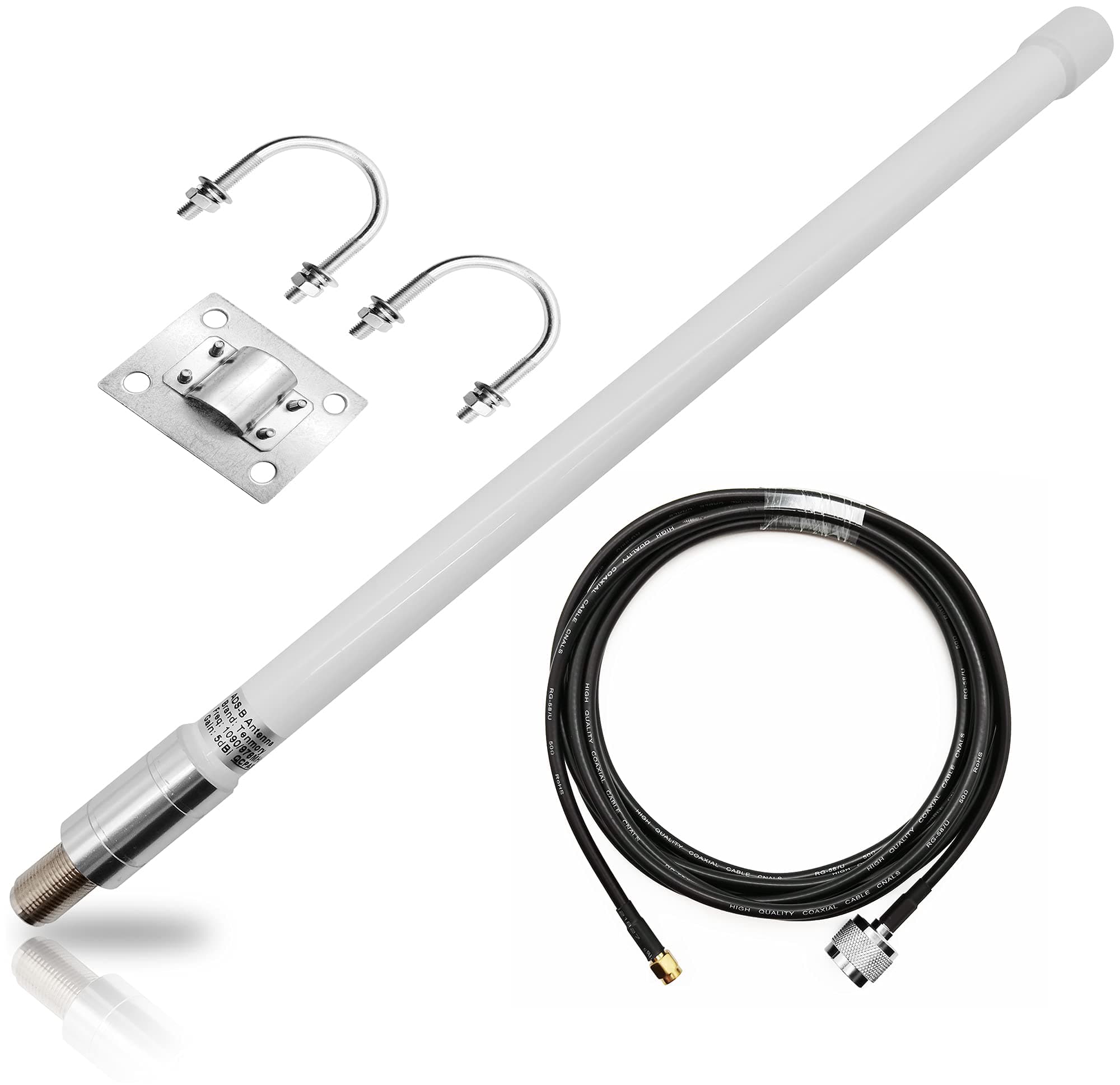 1090MHz 978MHz Dual Band ADS-B Antenna N-Type Female Outdoor 5dBi Fiberglass Antennas + 10ft N-Male to SMA-Male Extension Cable