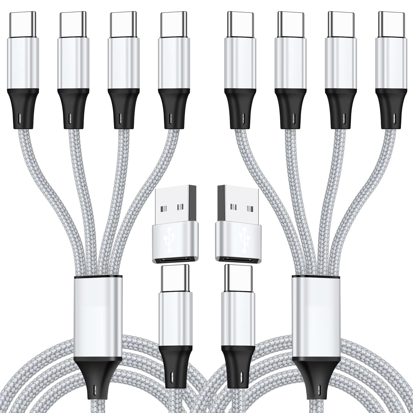 USB C Splitter Multi Charging Cable,USB A/C to USB C QC 3.0 Fast Charging[2Pack 4Ft], 4 in 2 Multi Charger Cord, with 4 Type-C Connectors Compatible with Cell Phones Tablets and More