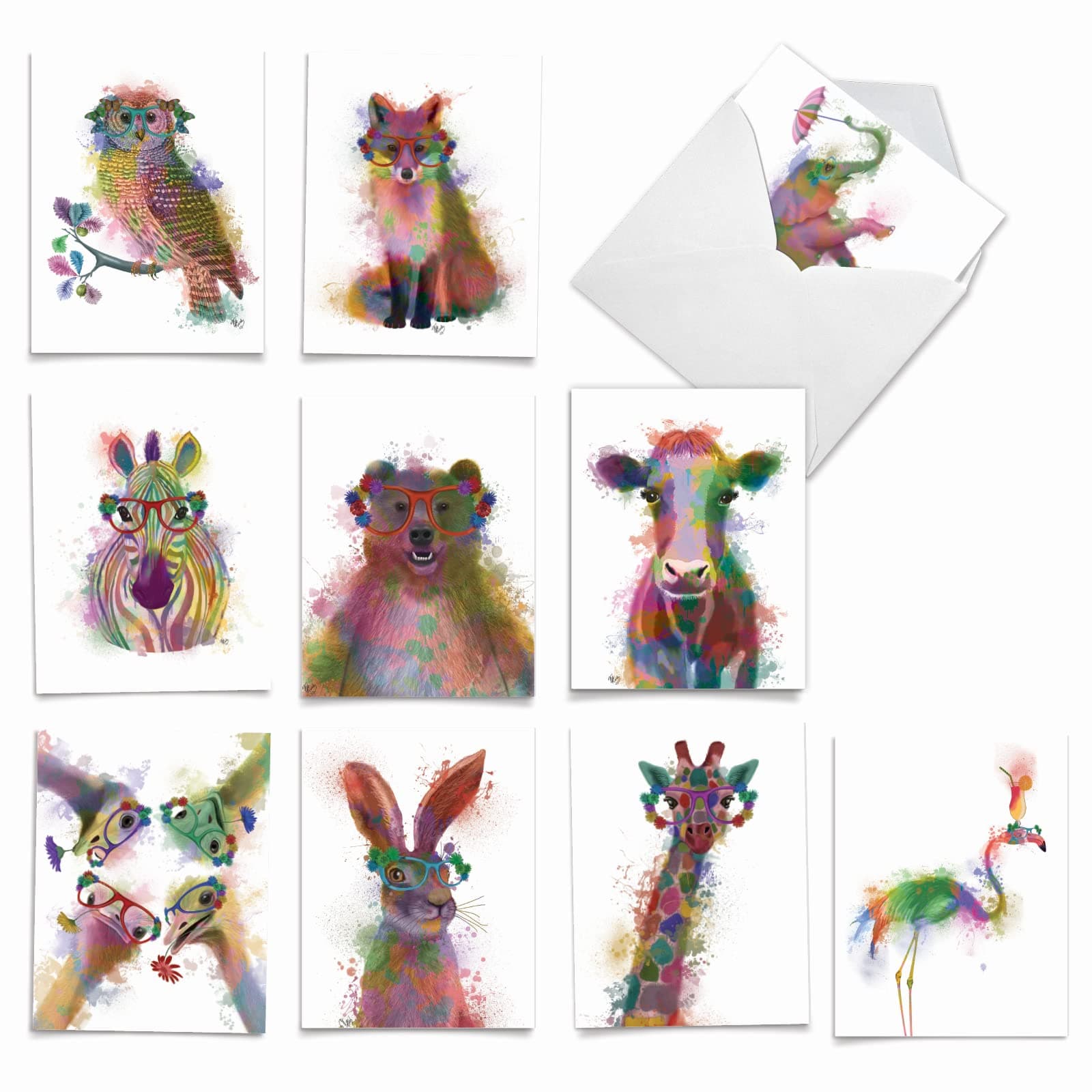 The Best Card Company - 10 Unique Blank Watercolor Animal Note Card Box Set 4 x 5 Inch + Envelopes (10 Unique Designs) Greeting Cards, Camp Stationery, Funky Rainbow Wildlife M4948OCB-B1x10-NB