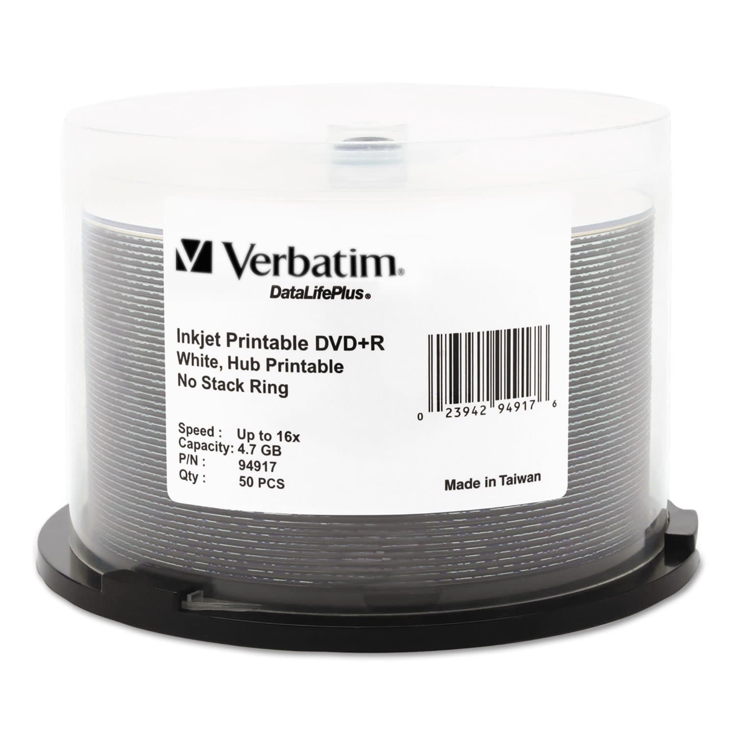 DVD+R 4.7GB 16X DataLifePlus White Inkjet Printable, Hub Printable - 50pk Spindle - 94917, White