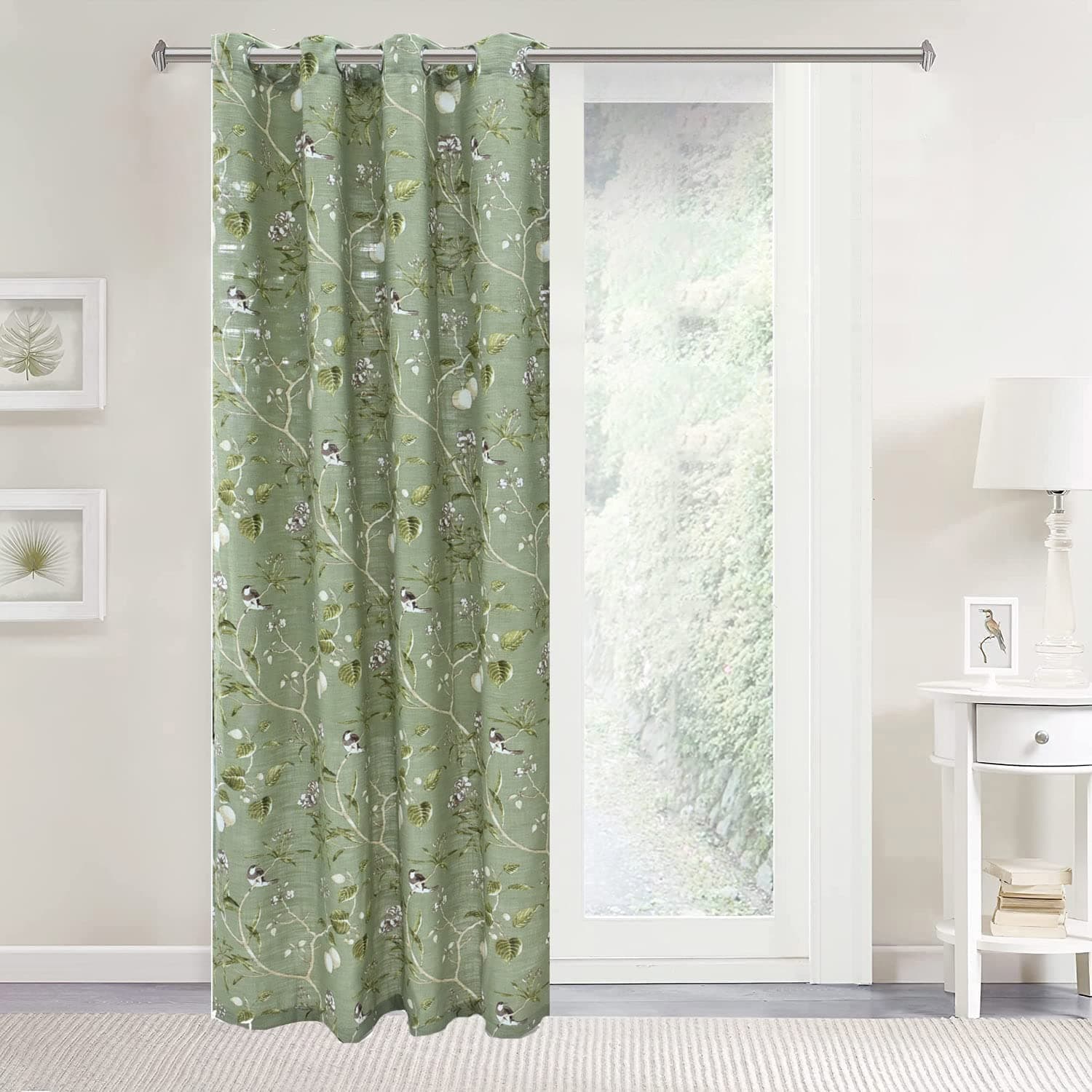 pureaqu Birds Floral Pattern Curtain Panels Grommet Top Curtains for Living Room Printed Country Retro Style Bedroom Window Drapes for Dining Room Kitchen 1 Panel Green W52 x H84 Inch