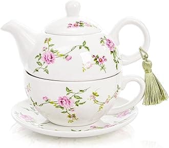 Coloch Tea for One Set, Porcelain Teapot Cup and Saucer Set with Tassel Vintage Floral Ceramic Tea Set for One for Women, Home, Office, Afternoon Tea, Rattan Flower Design