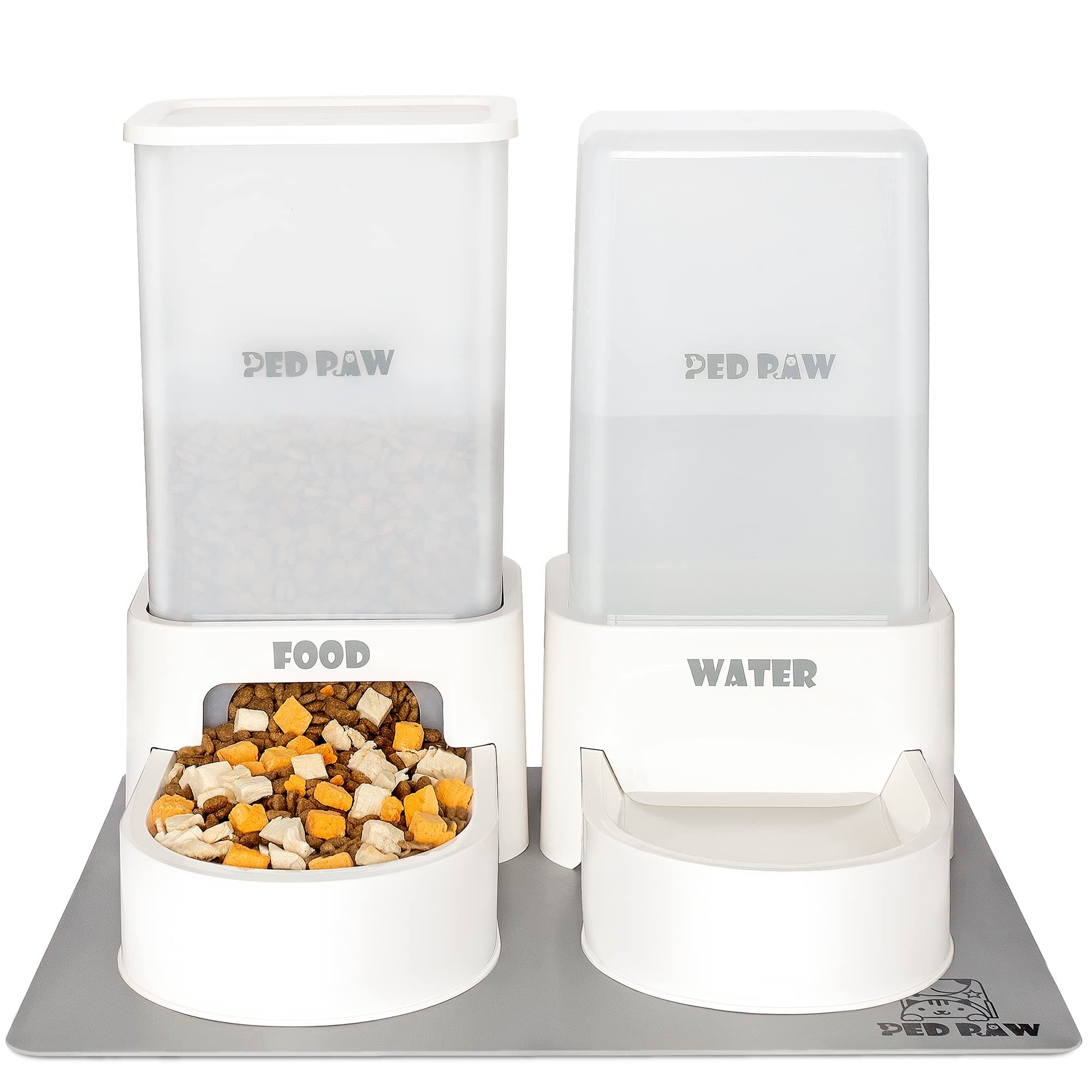 PED PAW Dog Cat Feeder and Water Dispenser Set, Automatic Pet Gravity Feeder Bowl with Food Mat, Large Capacity 1 Gallon for Small Medium Large Pet