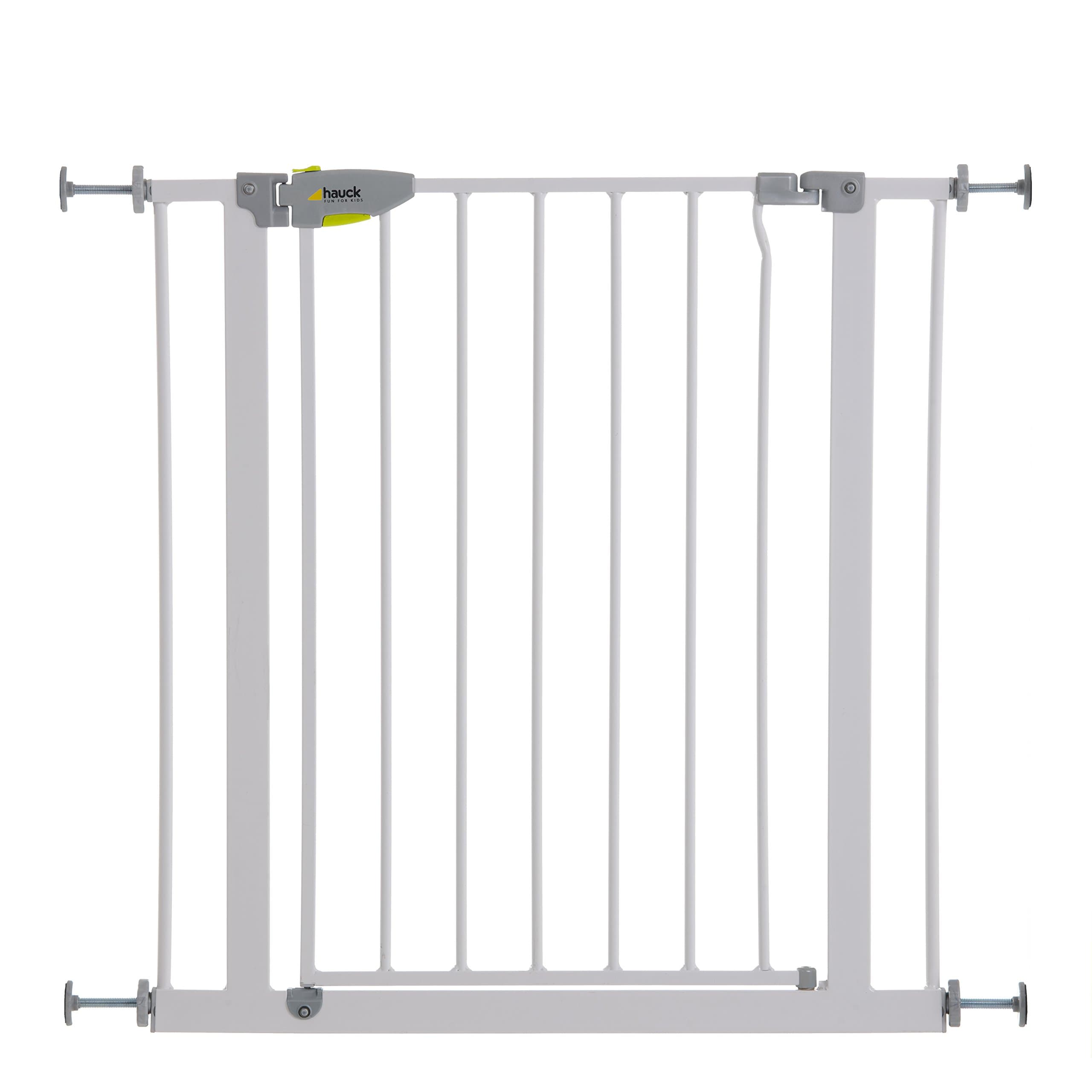 Hauck Squeeze Handle Safety Gate 75 - 81 cm, Pressure Fit, No Drilling, Safety Gate for Doors or Stairs Extendable up to 109 cm, Door Opens to Both Sides, White