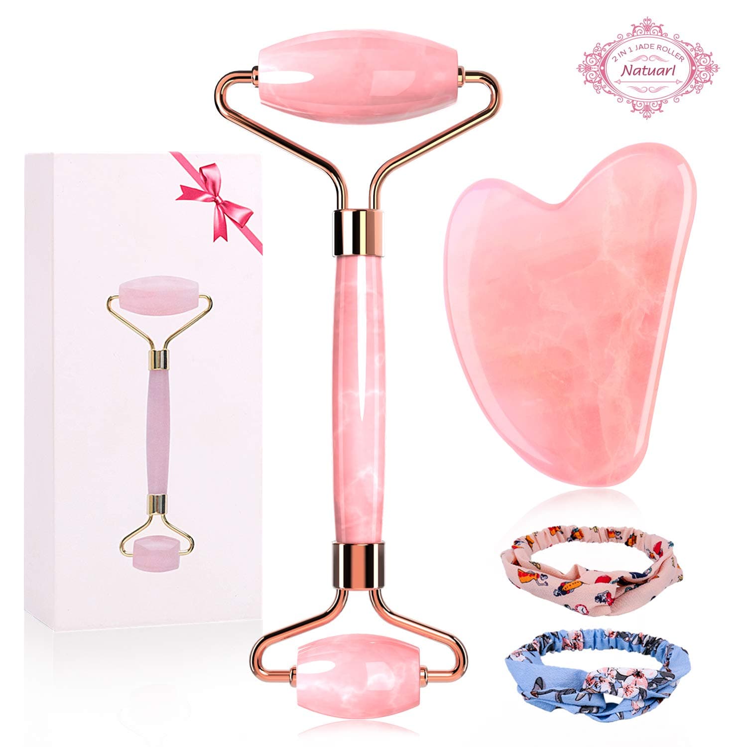 Jade Roller and Gua Sha Set, Icnow 100% Natural Rose Quartz Facial Jade Massager Valentine's Day Gift for Anti-Aging Slimming Healing Rejuvenate Wrinkles Lighten Dark Circles (with 2 Headbands)