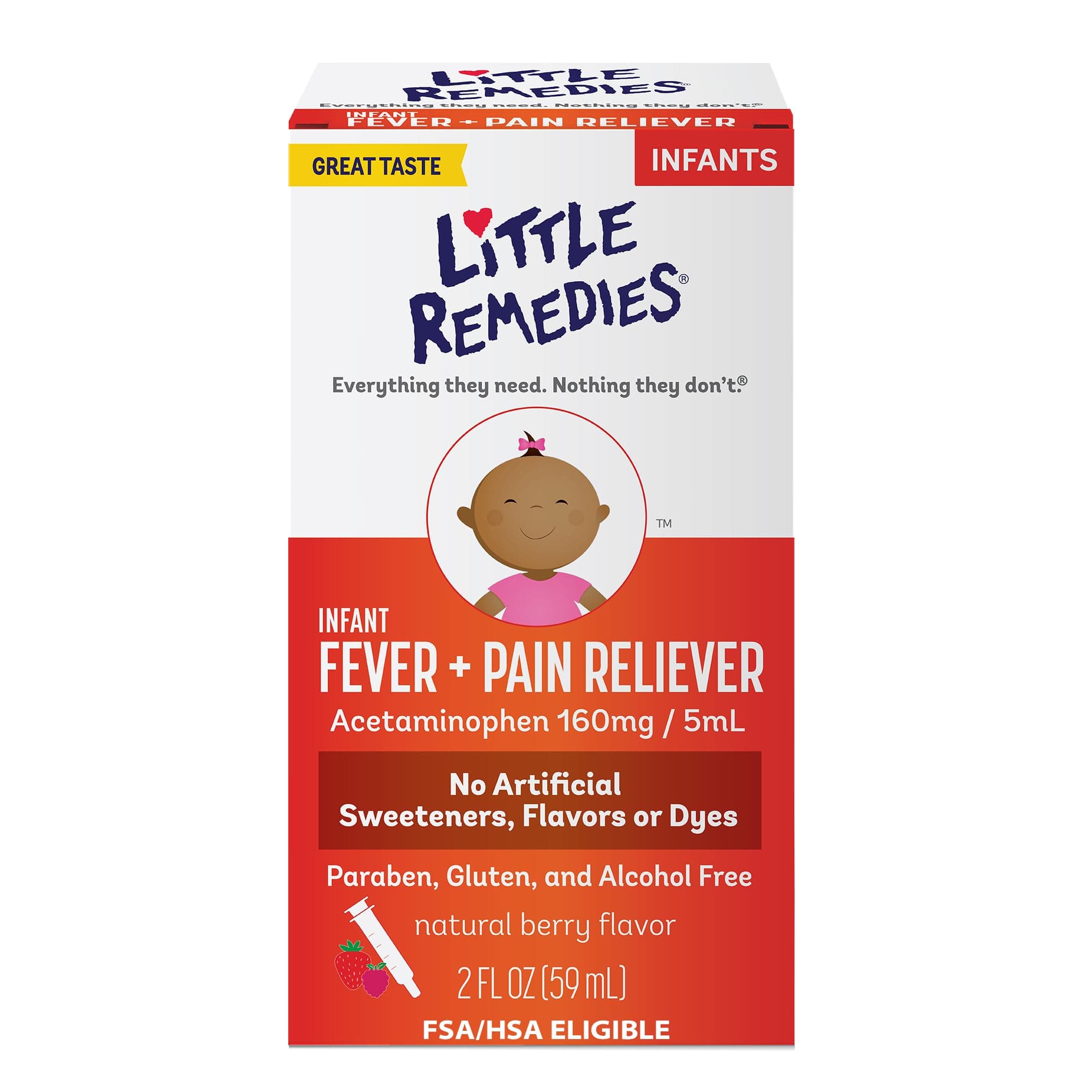 Little Remedies Infant Fever & Pain Reliever with Acetaminophen, Baby Medicine with No Artificial Sweeteners, Flavors or Dyes, Natural Berry Flavor, 2 Fl Oz