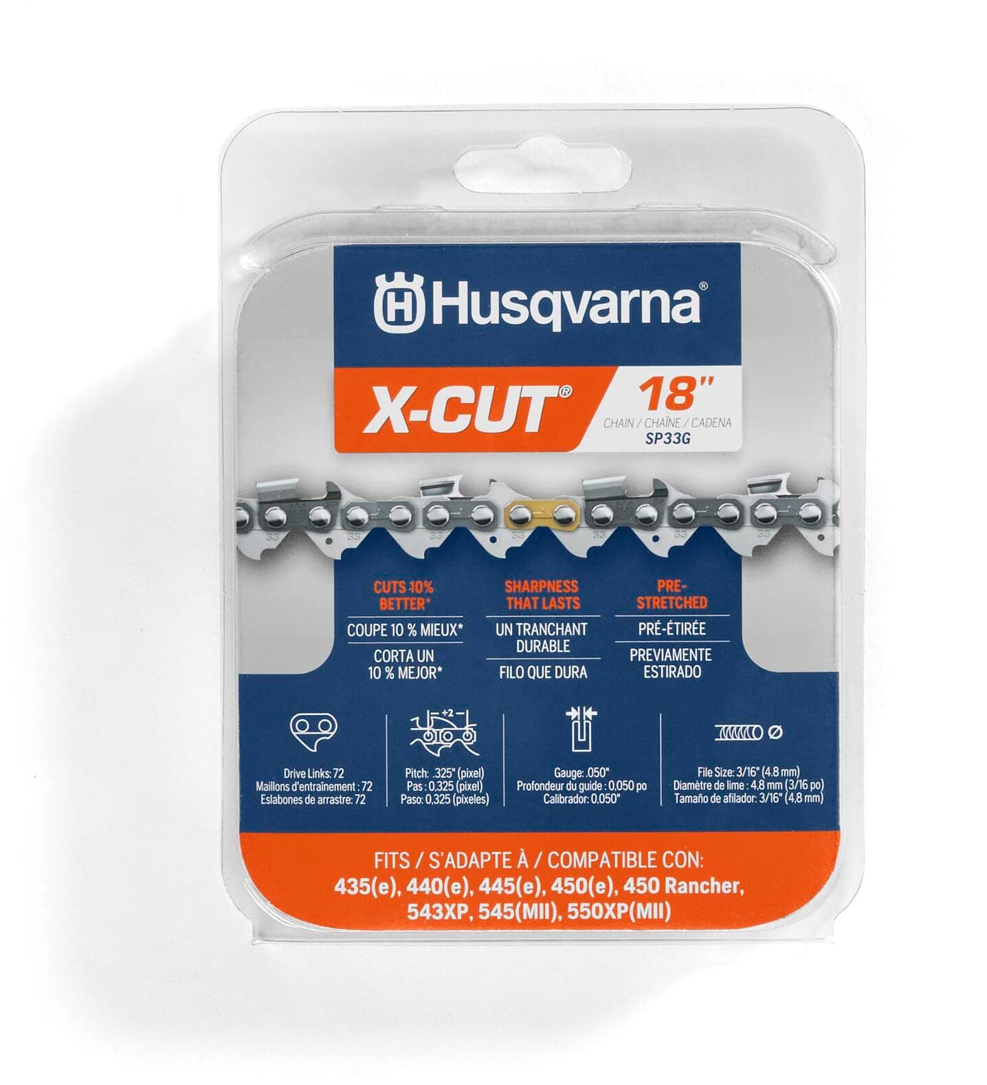 Husqvarna X-Cut SP33G 18 Inch Chainsaw Chain, 325" Pitch, 050" Gauge, 72 Drive Links, Pre-Stretched Chainsaw Blade Replacement with Superior Lubrication and Low Kickback, Gray
