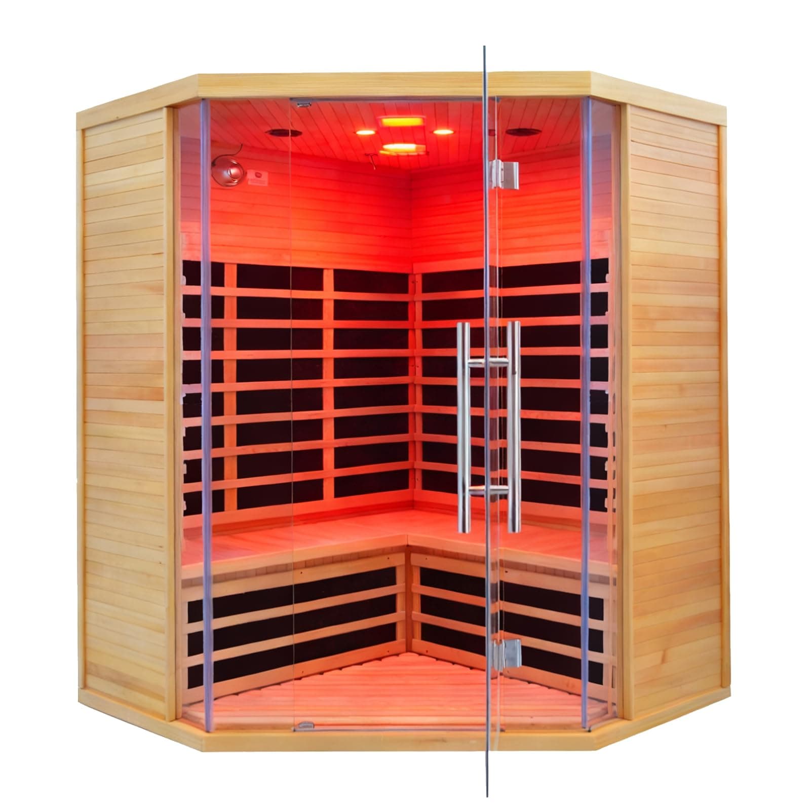 Homsido 3-4 Person Far Infrared Sauna, Hemlock Indoor Corner Sauna Room Home Sauna with Low EMF Far Infrared Carbon Panel Tempered Glass Door,Bluetooth Speakers Chromotherapy Lights（220V, 2880W）