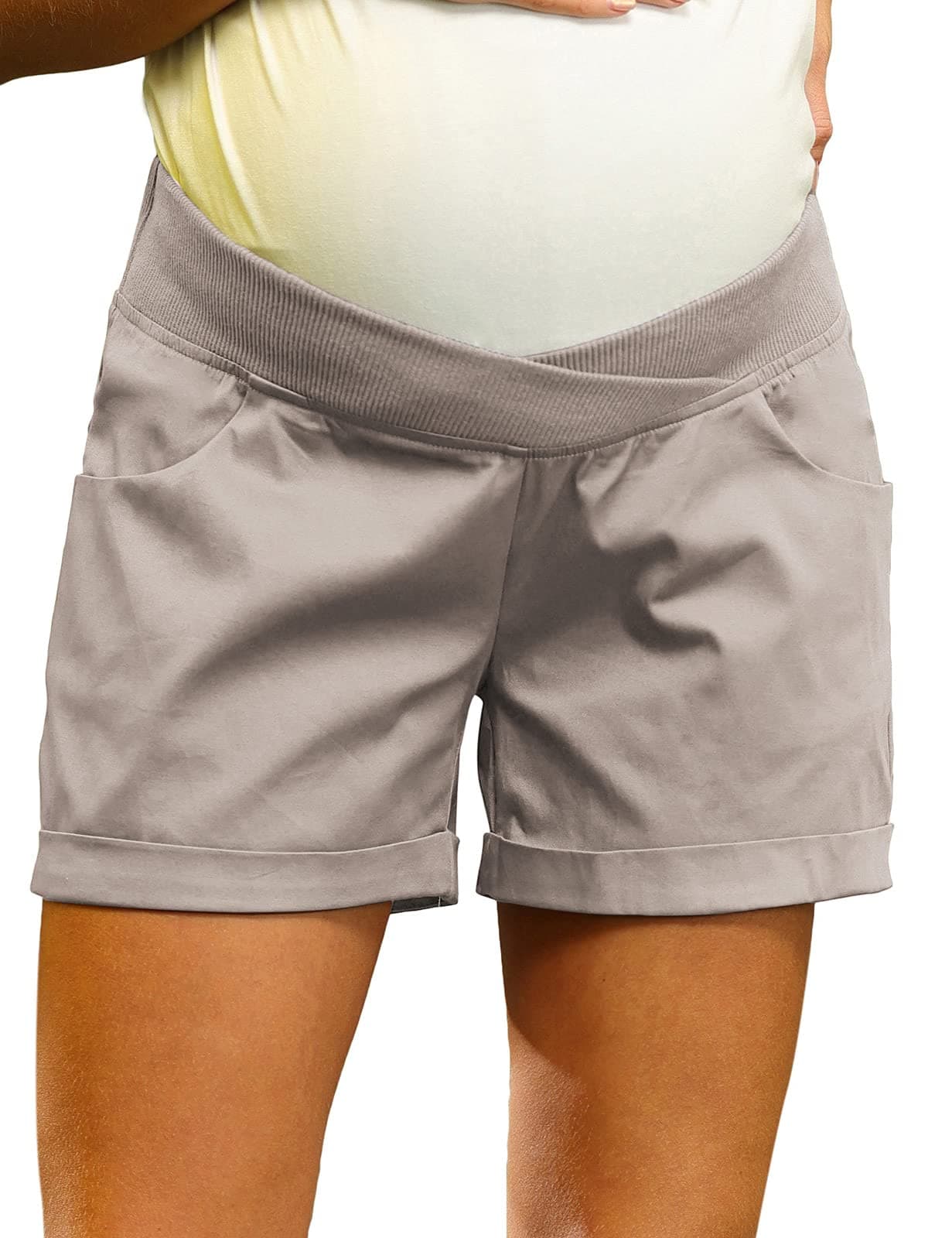 Women's Maternity Low-Rise Casual Elastic Waist Shorts with Pockets Kahki
