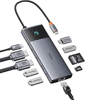 Baseus Docking Station Dual Monitor,10Gbps 10 Ports Docking Station with 2 HDMI Single 4K@120Hz, Dual 4K@ 60Hz,10Gbps USB C and USB A, 2 USB-A, PD 100W, Gigabit Ethernet for Dell/HP/Lenovo, Grey