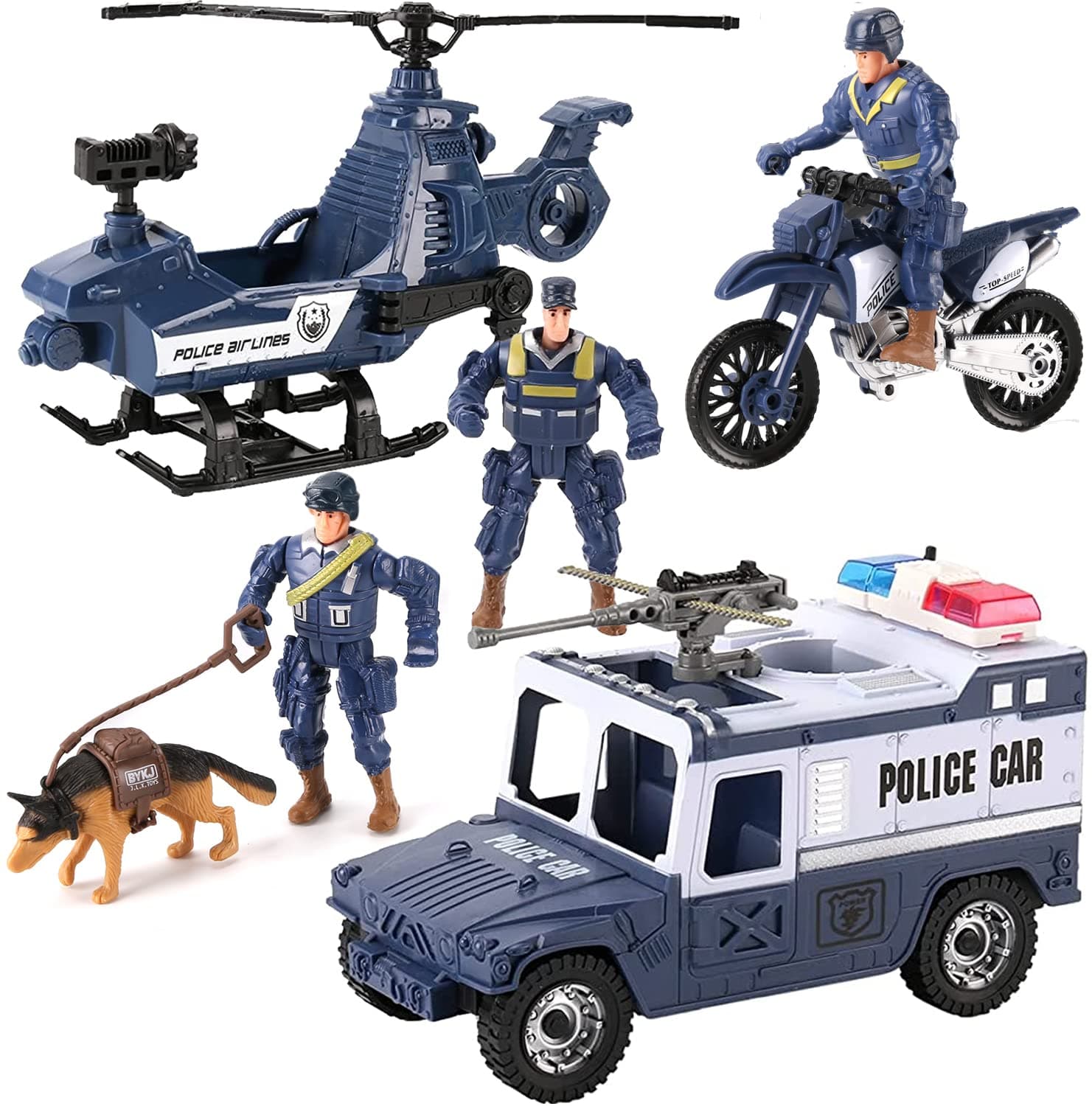 8 PCS Police Rescue Patrol Toy Vehicles and Figures Playset - Helicopter, SWAT Truck, Motorcycle, Action Figures, K-9, Weapons, and Accessories for Kids Imaginative Pretend Play