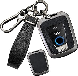 SANRILY Metal Leather 4 Button Smart Key Fob Cover Compatible with BMW i8 2014-2022 i3 Accessories Keyless Anti-Scratch Key Fob Protector with Leather Keychain Black