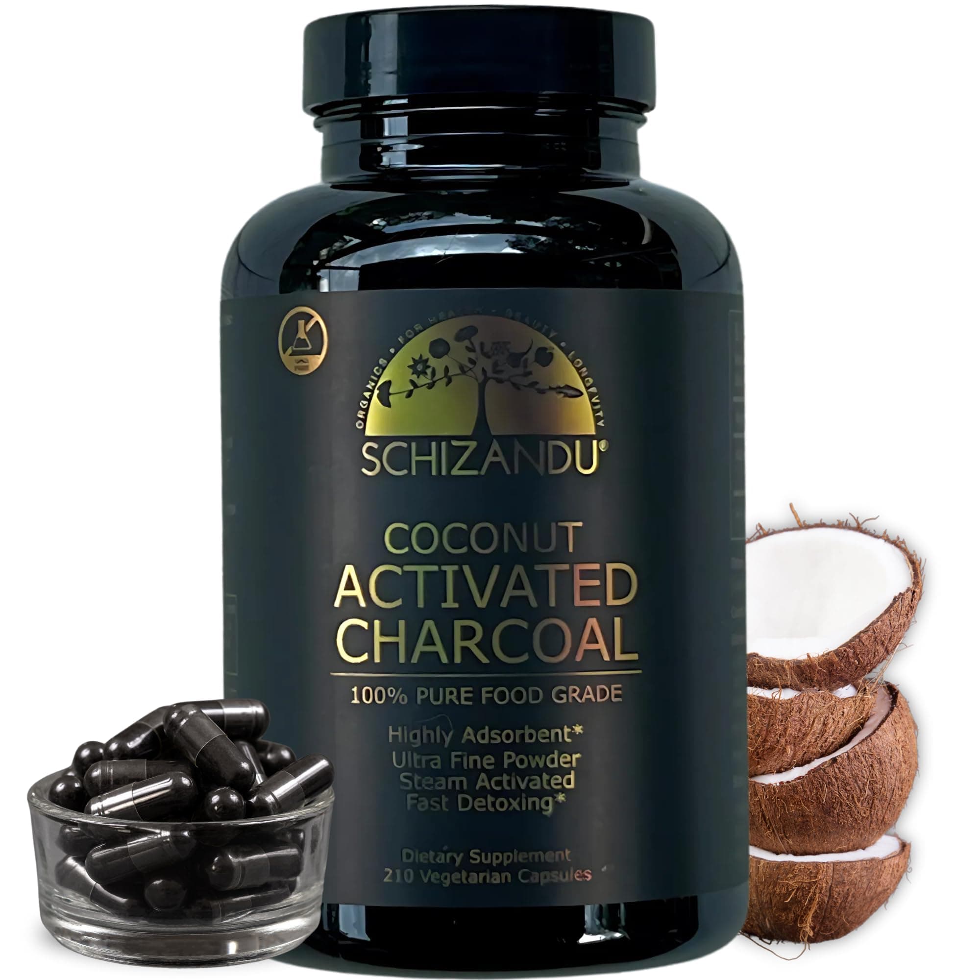 Schizandu Organics Activated Coconut Charcoal Capsules, 100% Pure Detox, Non GMO | 210 Pills | Use for Detoxification, Teeth Whitening, Digestive Health, Hangover Prevention