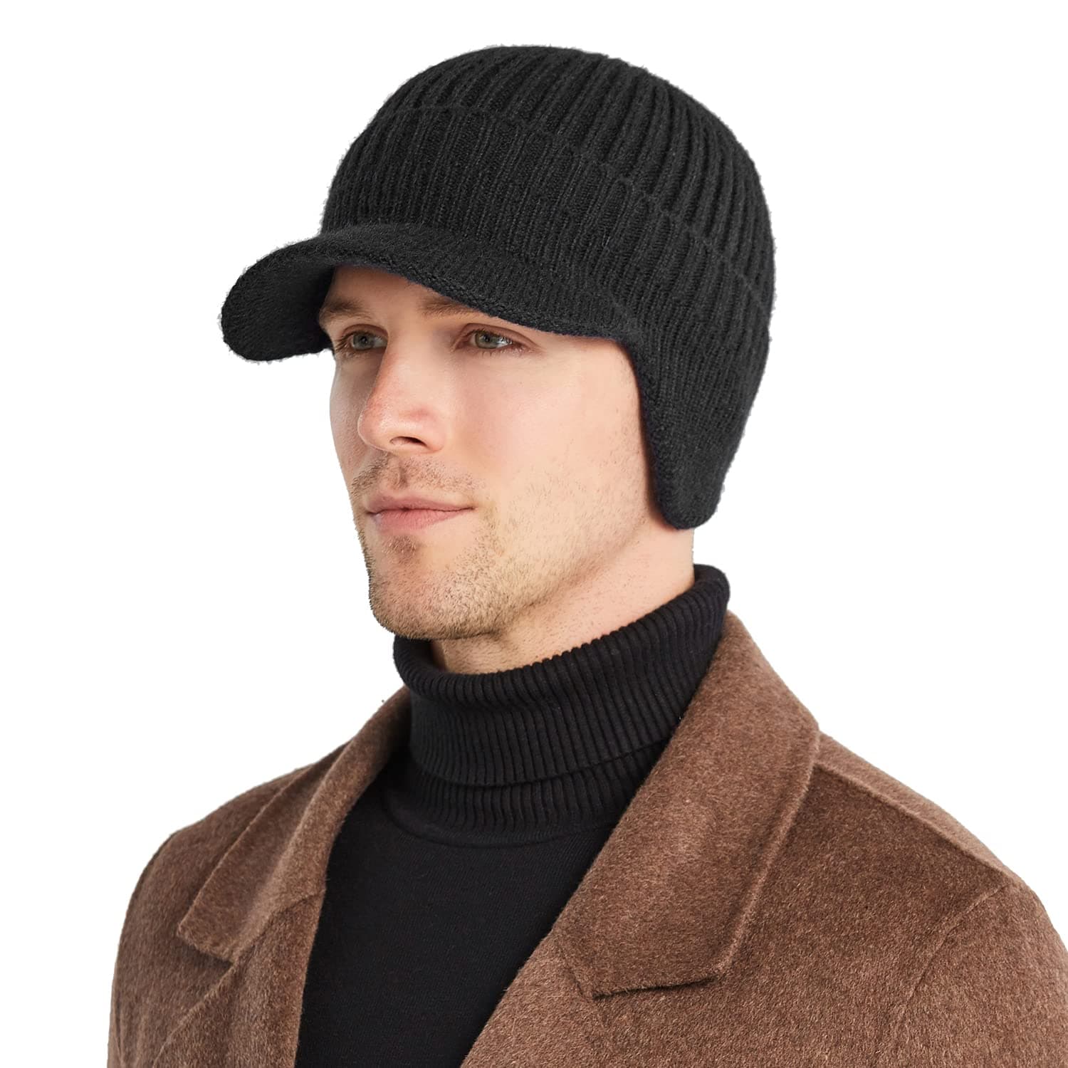 Winter Visor For Men Warm Earflaps Beanie Hat Knitted Fleece Baseball Cap