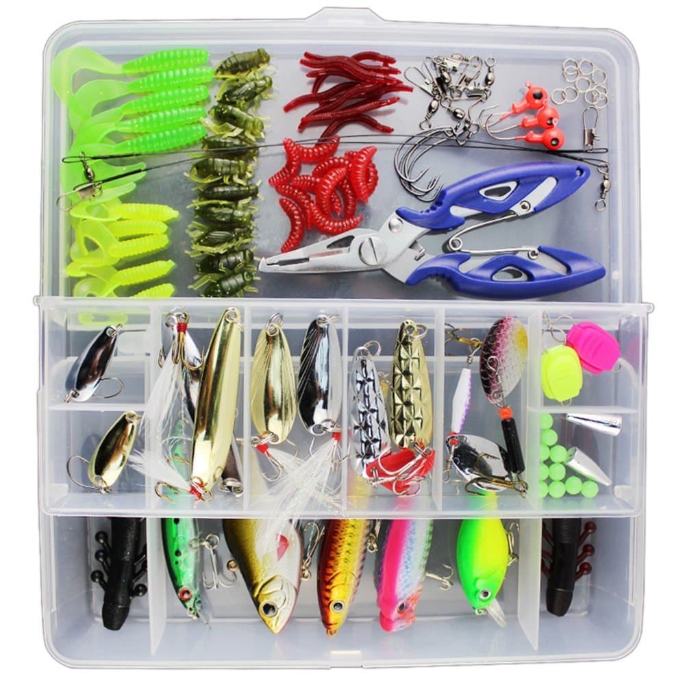 Afishup101pcs Fishing Lures Accessories Set Mixed Spinners Hard and Soft Fishing Lures Plicers Two layers Fishing Tackle Box