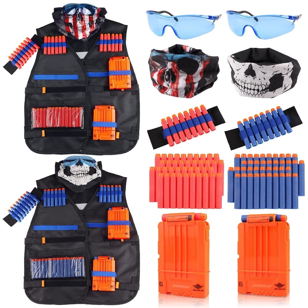 Kids Tactical Vest Kit 2 Pack for Nerf Guns Elite Series with Refill Darts Dart Pouch, Reload Clip Tactical Mask Wrist Band,Protective Glasses,Toys for 7 8 9 10 12 Year Old