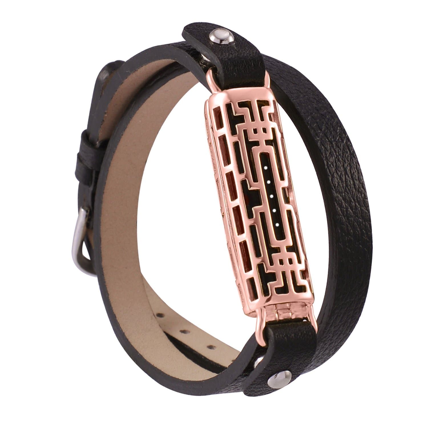 for Fitbit Flex 2 Bands, Replacement Leather Wrap Bracelet Wristband with Metal Sleeve for Fitbit Flex 2 Heart Rate Fitness Tracker, Flex2 Strap Style (Rose Gold Color Metal/Brown Leather)