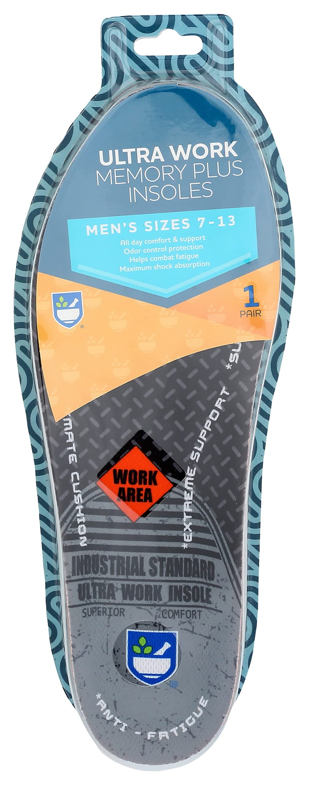 Rite Aid Memory Plus Work Boot Insoles for Men, 1 Pair - Sizes 7-13 | Shock Absorbing Insoles | Memory Foam Insoles | Shoe Inserts for Men