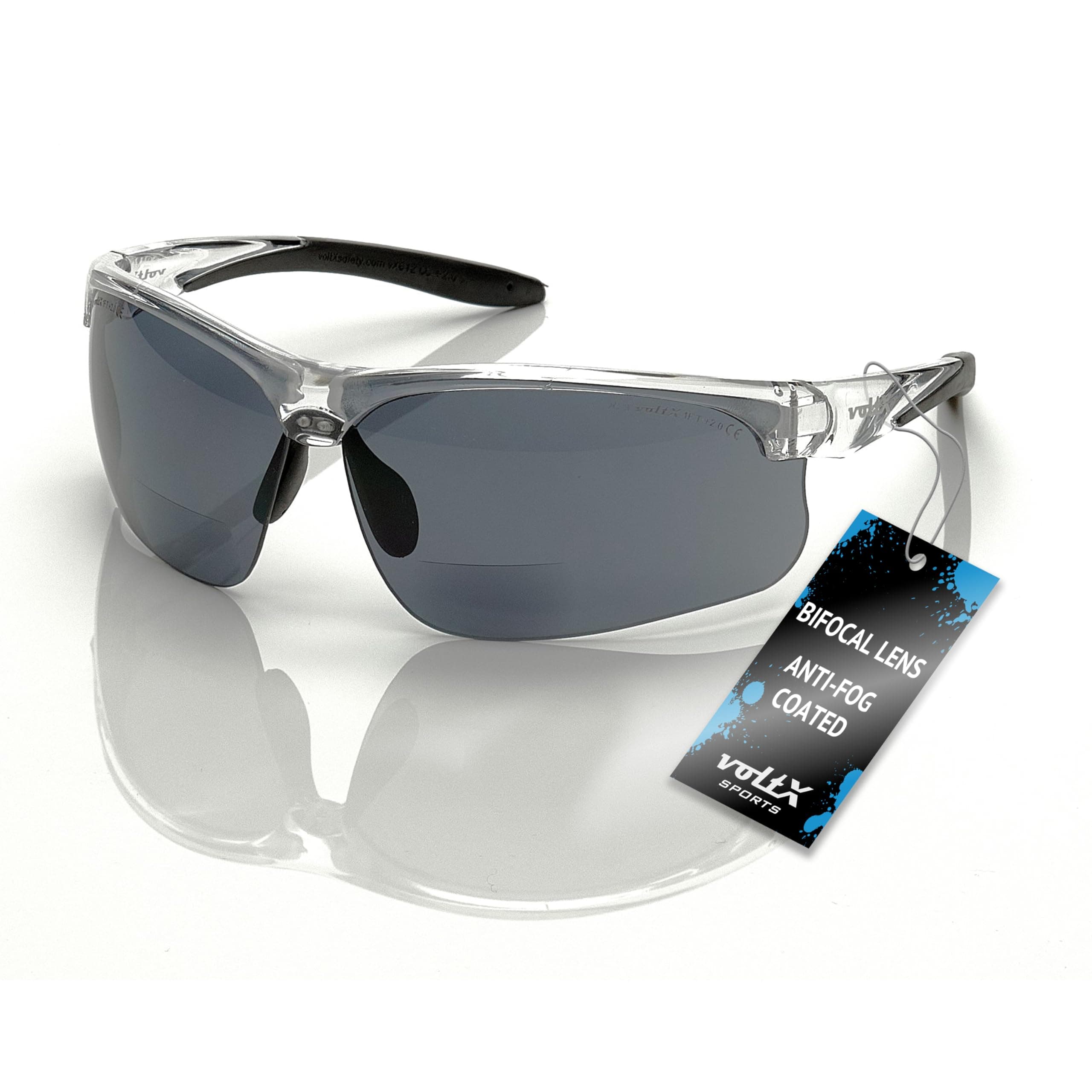 voltX 'ULTIMATE SPORTS' Bifocal Safety Glasses (+2.0 Dioptre, ULTIMATE Smoke) - Anti Fog Coated UV400 lens - Adjustable nosepiece - Microfibre Carry Bag