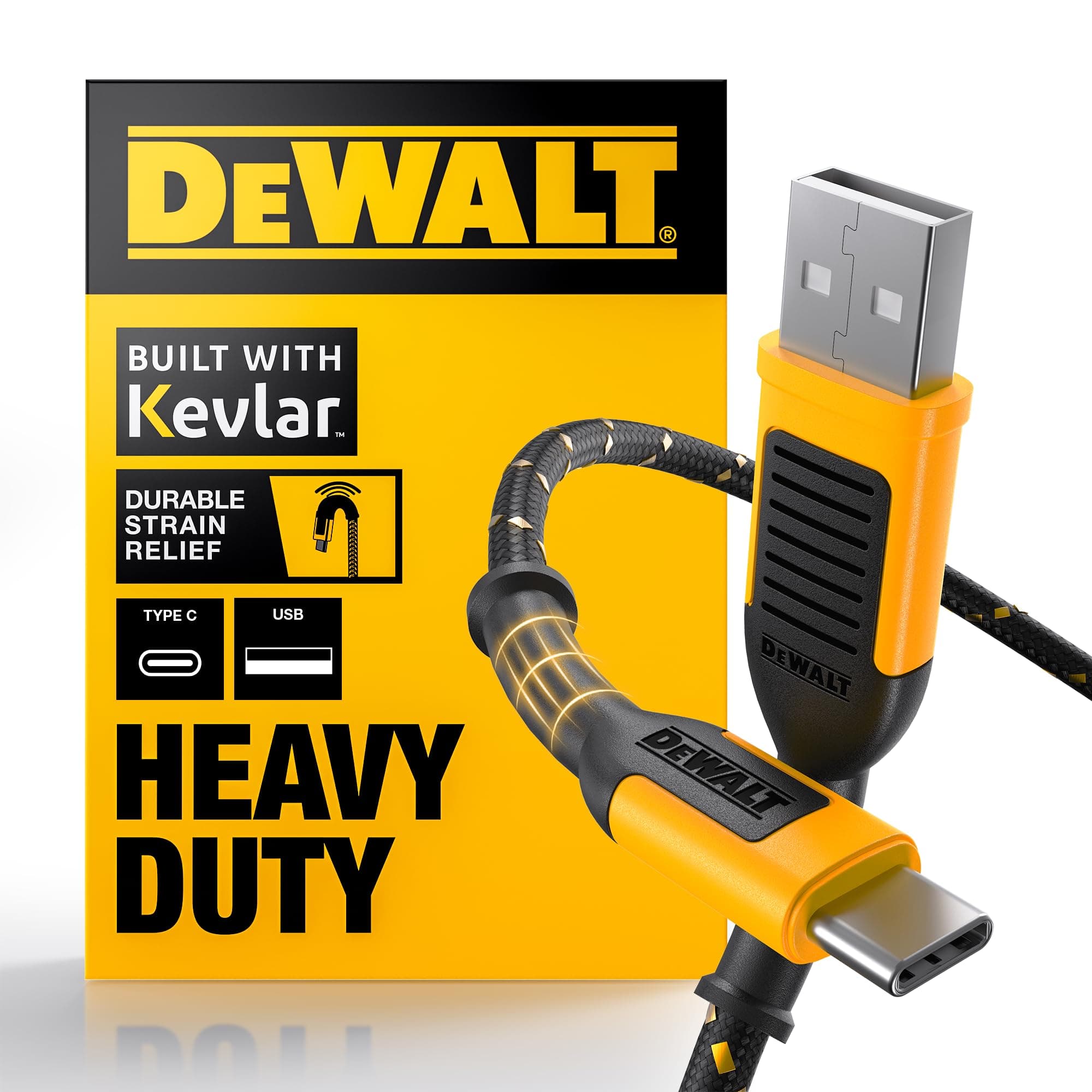 DEWALT Type C to USB Cable — Reinforced Braided Cable for USB to USB-C — Type C Fast Charging USB-C to USB-A Cable — Fast Charging Cord Type C — 4 ft