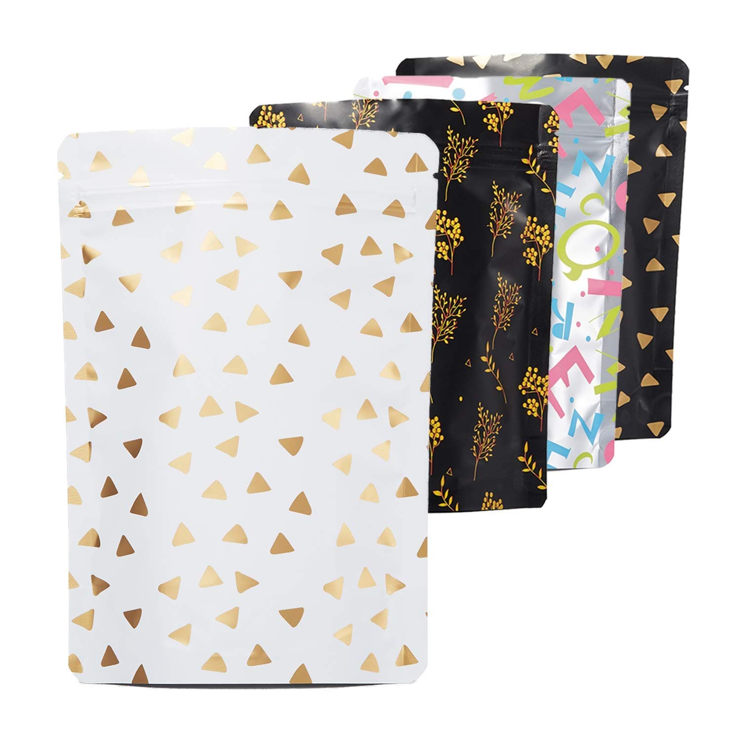 50 Stand Up Mylar Bags, 5x7 Inch (3oz) Resealable Smell Proof Bags, Aluminum Foil Airtight Ziplock Bags for Food Safe Storage (White-Triangle)