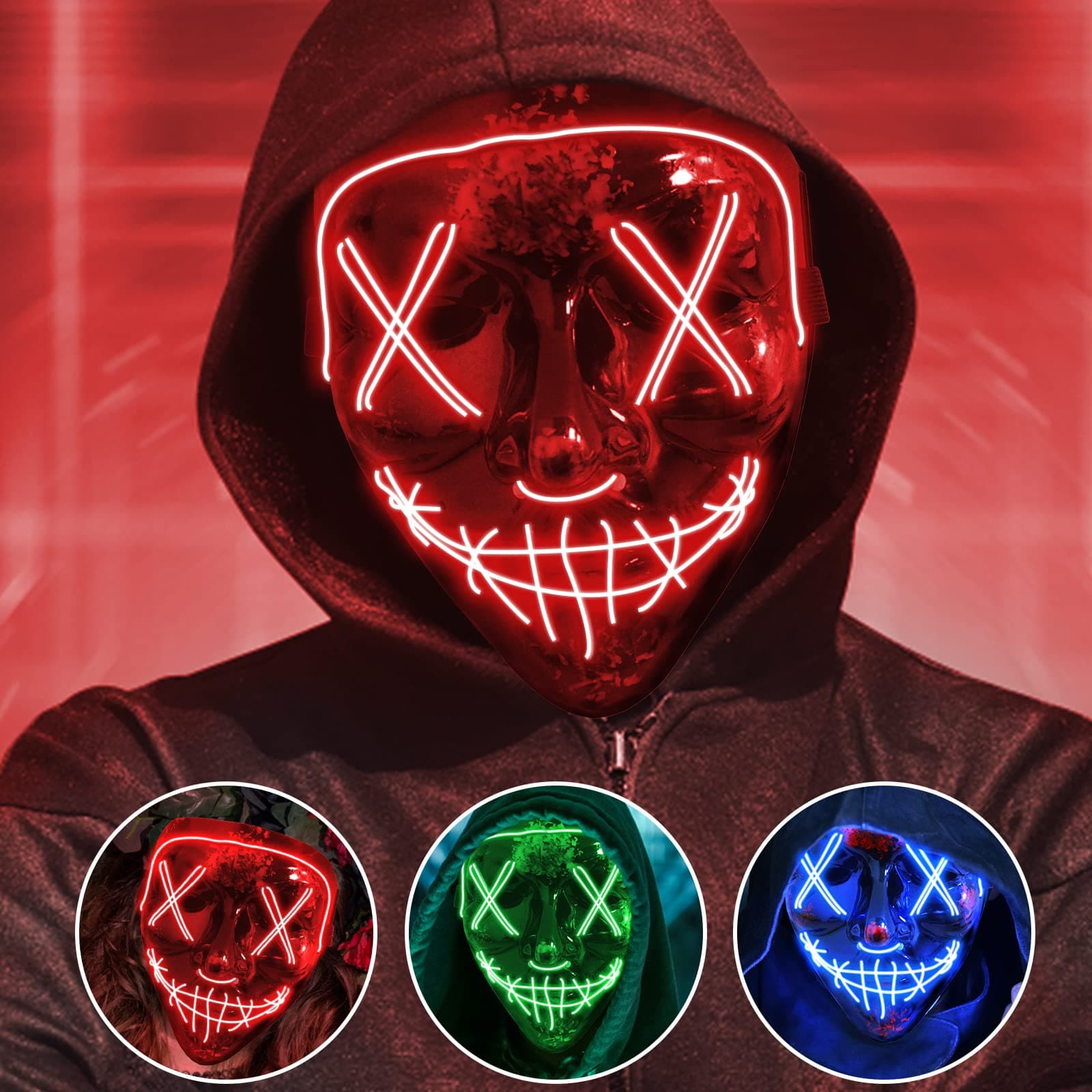 Jsdoin Halloween Masks, Scary LED Purge Mask, Light up Mask Cosplay, LED Rave Face Mask Costume 3 Lighting Modes, Halloween Face Masks for Men Women Kids