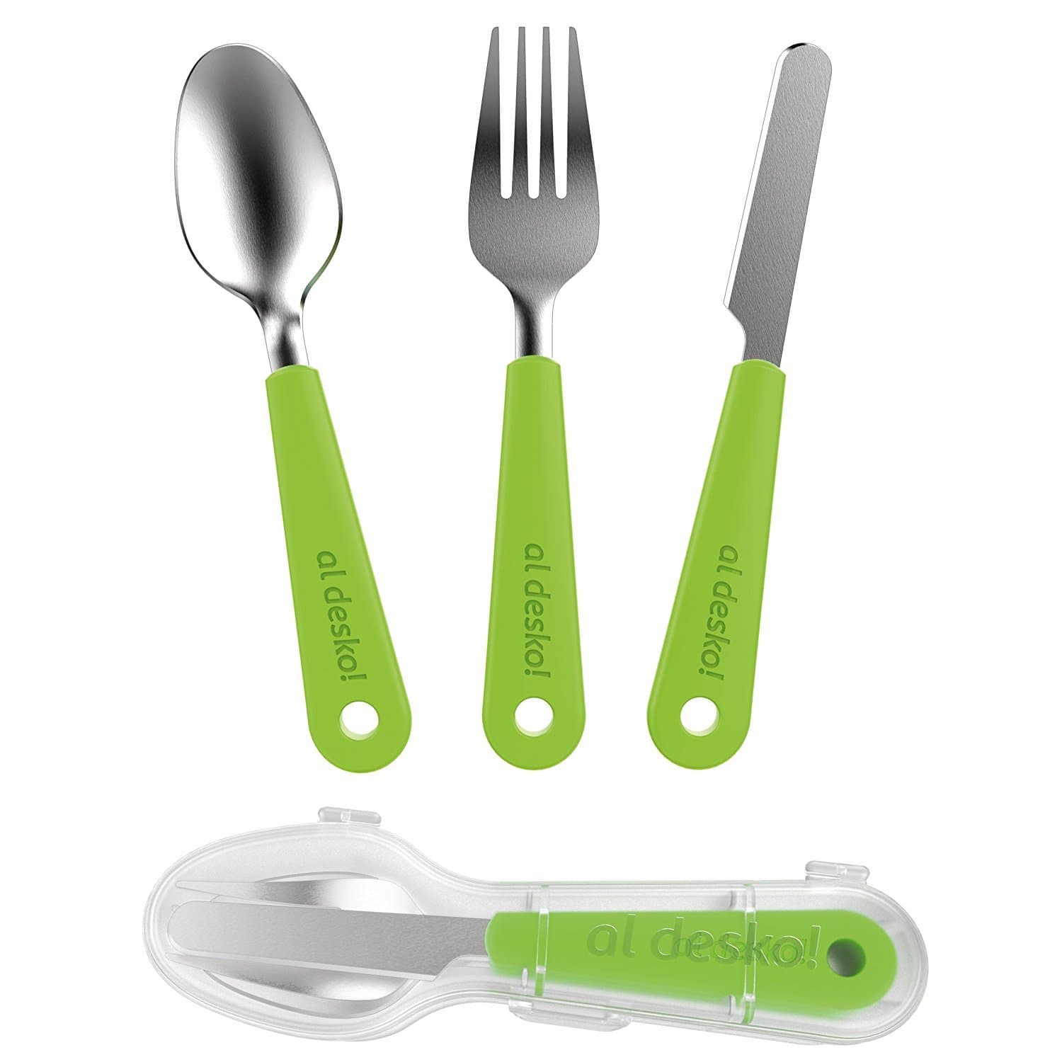 Stainless Steel 3-Piece Cutlery Set with Protective Case for Work, Travel, Lunch Boxes and Camping (Knife/Fork/Spoon), Green