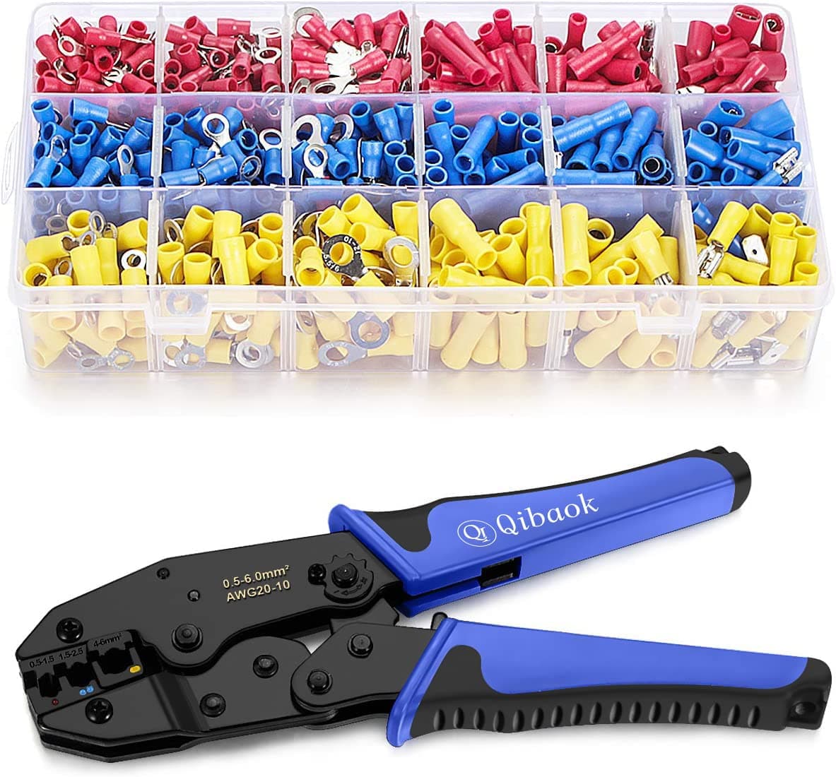 Qibaok Wire Terminals Crimping Tool, Insulated Ratcheting Terminals Crimper Kit of AWG22-10 with 800PCS Insulated Butt Bullet Spade Fork Ring Crimp Terminals Connectors