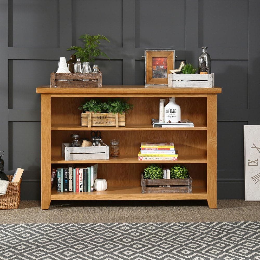 The Furniture Market Cheshire Oak Wide Low Bookcase with 2 Adjustable Shelves - Quality Storage Solution - Elegant & Durable Design - Ideal for Living Rooms & Home Offices - H 970 x W 1320 x D 340mm