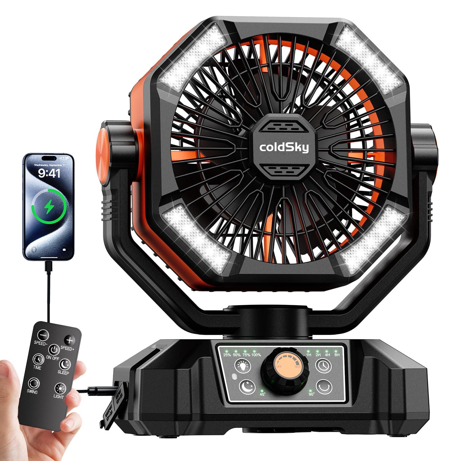 Rechargeable Table Fan for Home with LED Light & Remote Control, 20000mAh Battery Fan Rechargeable Big Size With 8 Speed Modes (Orange)