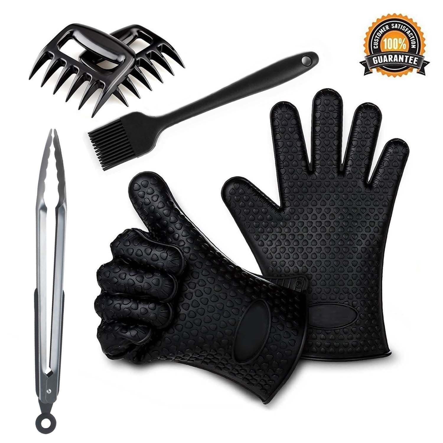 AstaaCity 4-in-1 Barbecue Tool Set,Heat Resistant Silicone BBQ/Cooking Gloves-Meat Shredder Bear Claws-Silicone Tongs-Basting Brush for Cooking, Grilling, Baking and Barbecue