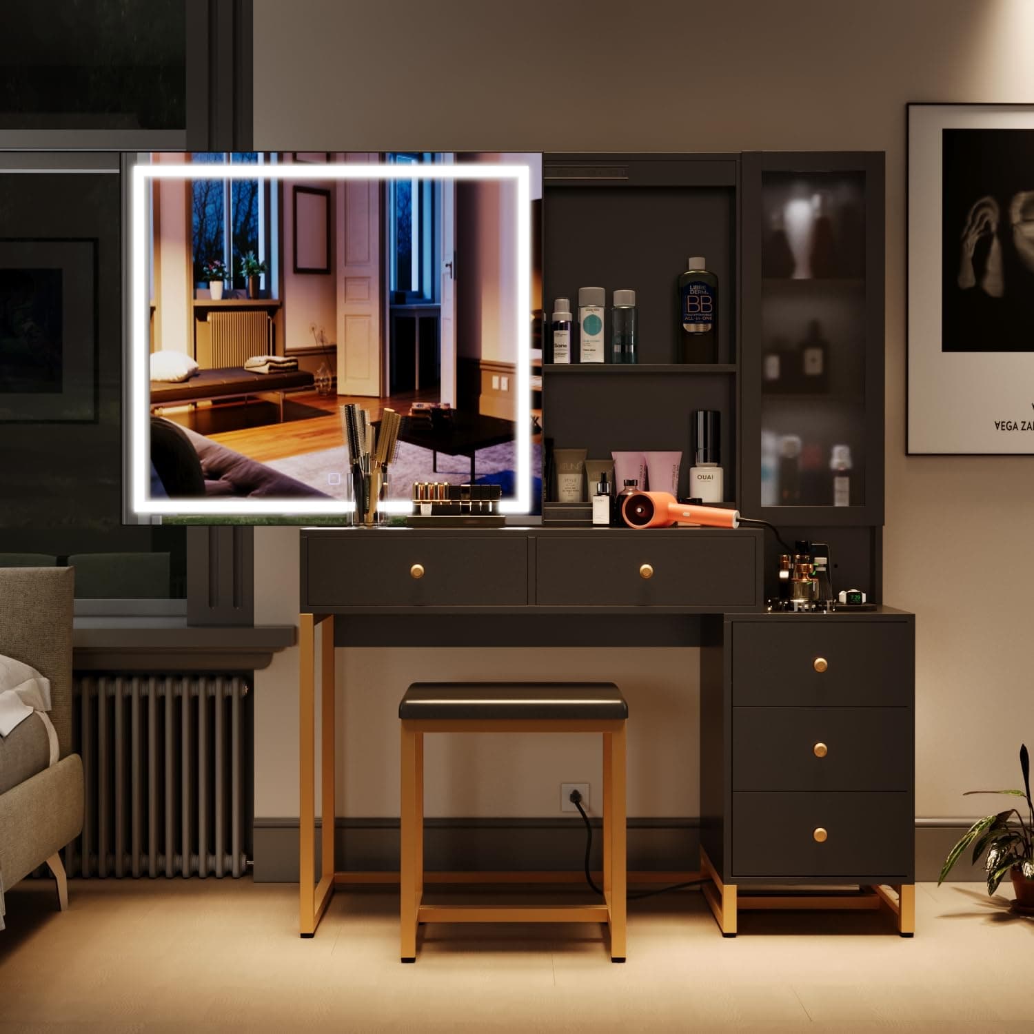 Wildhome 化粧台セット 照明付きミラーと充電ステーション付き 特大ミラーメイクアップ化粧台テーブル クッション付きスツール付き 引き出し5個 モダンバニティテーブル ナイトスタンド付き(ブラック、L)